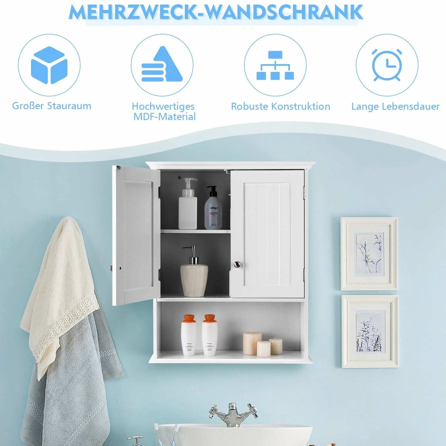 COSTWAYSzafka wisząca, lekarska, ścienna z podwójnymi drzwiami, łazienkowa, kuchenna z regulowaną półką, dla łazienki, kuchni, strefy wejściowej (biała)