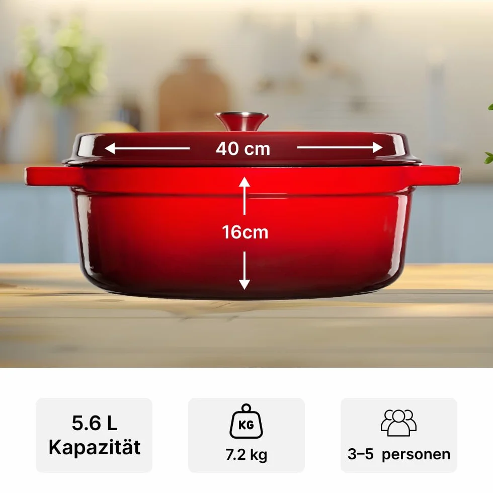 Emaliowany garnek żeliwny z pokrywką i szerokimi uchwytami - owalny holenderski piekarnik do sosów owsiankowych, zup - pojemność 5.6L, czerwony