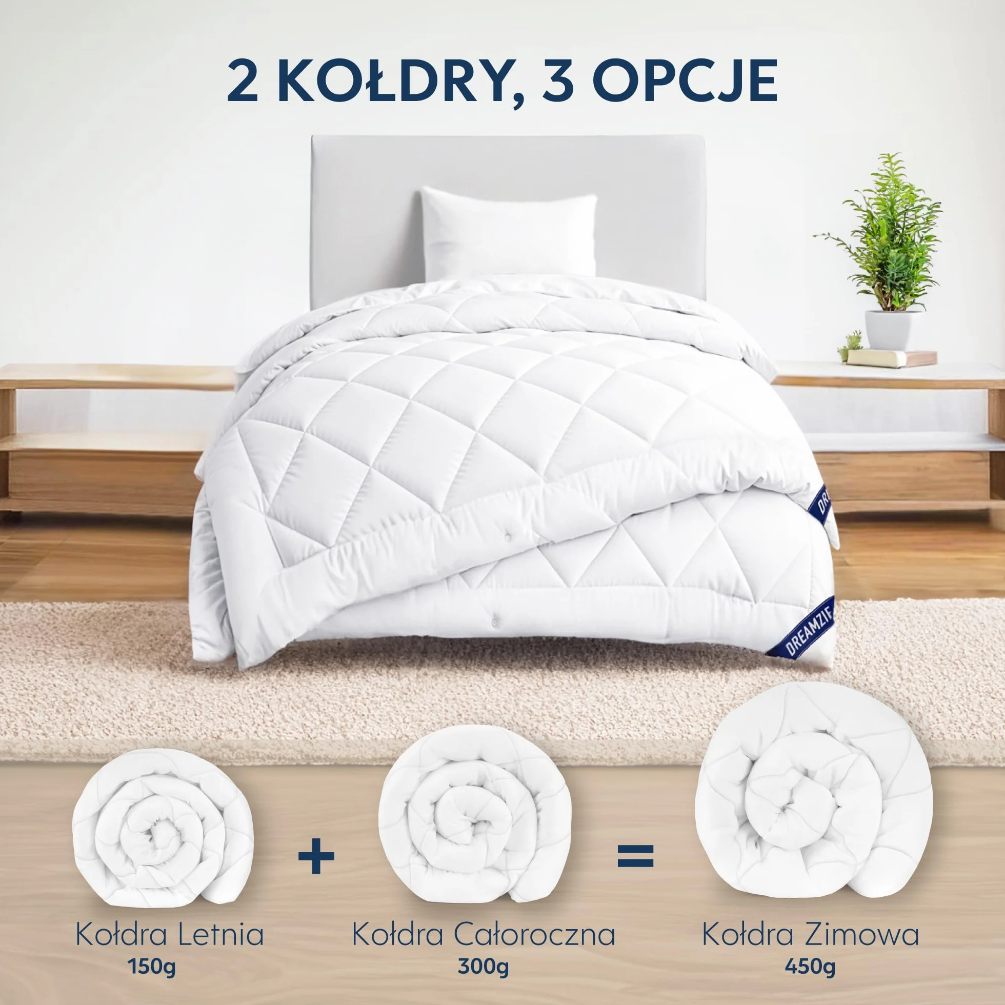 Kołdra Dreamzie 155x200 4 pory roku - 3w1 (150 G/M² + 300 G/M² = 450 G/M², lekka kołdra letnia + kołdra przejściowa = ciepła kołdra zimowa w klimacie umiarkowanym z zatrzaskami, łatwa do przymocowania