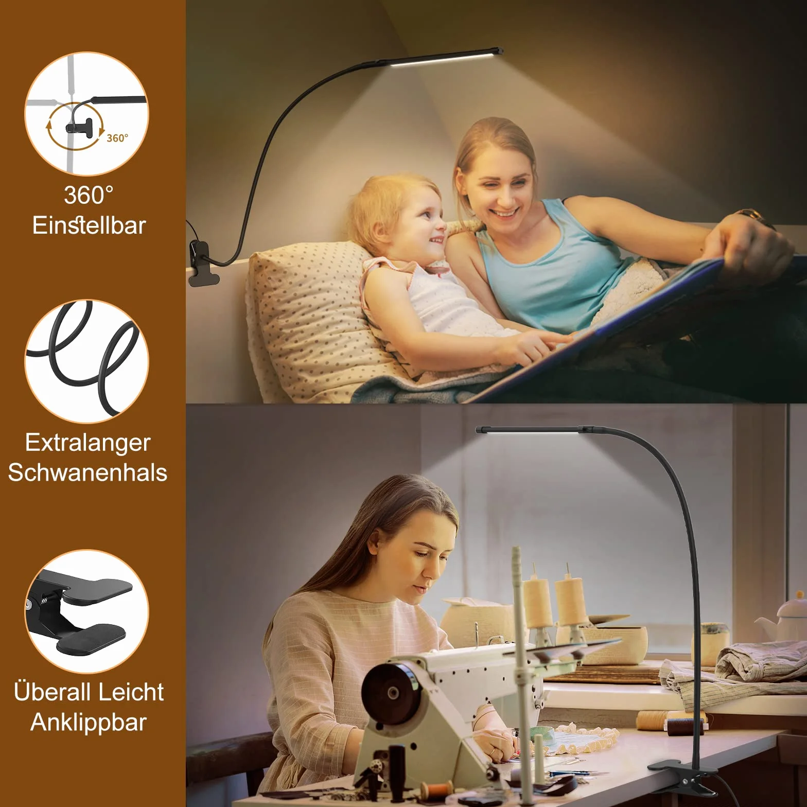 Lampa biurkowa iZELL 77 LED [niezwykła moc oświetlenia] Lampa 70 cm z zaciskiem, 3 kolory i 10 poziomów jasności 360° Elastyczna lampa do czytania z ładowarką USB do domu/bi