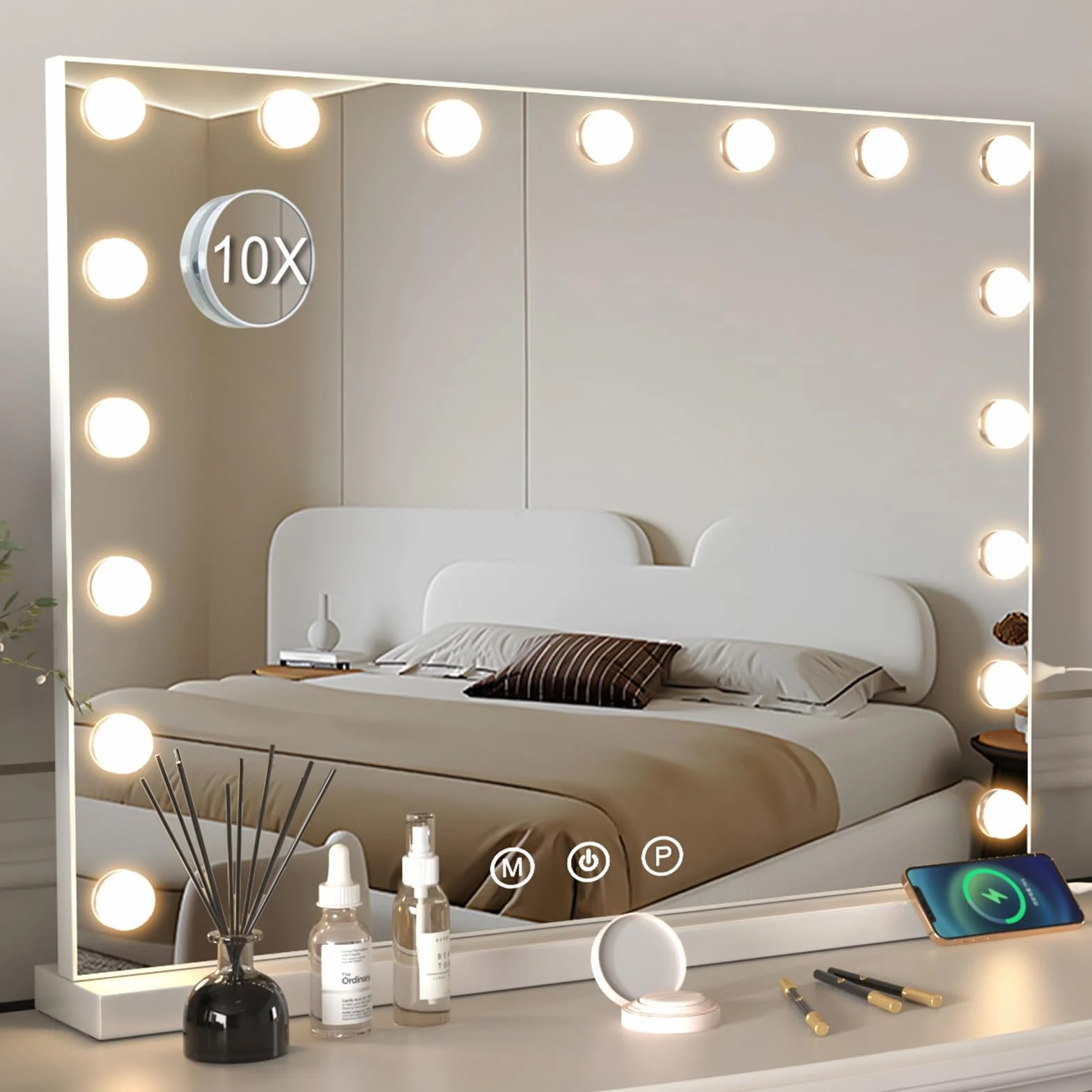 Lustro do makijażu z oświetleniem, hollywoodzkie lustro z 17 lampkami, 3 kolory światła, lusterko kosmetyczne z USB i lupą 10 x, lustro ścienne, lustro stołowe do makijażu (70 x 55 cm)