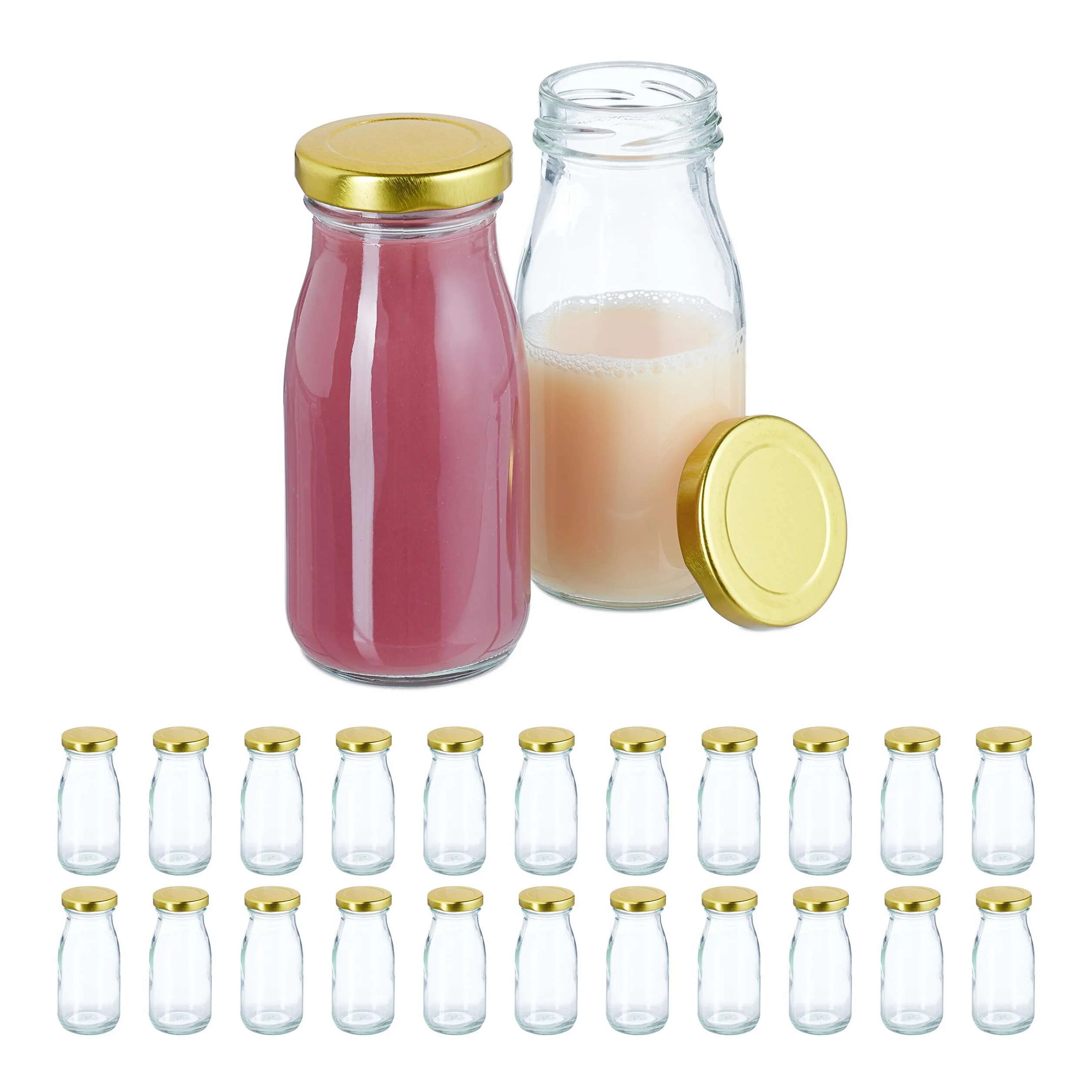 Relaxdays 24 szklane butelki 150 ml, z zakrętką, do smoothie, soku, mleka, wielokrotnego napełniania, przezroczyste/złote
