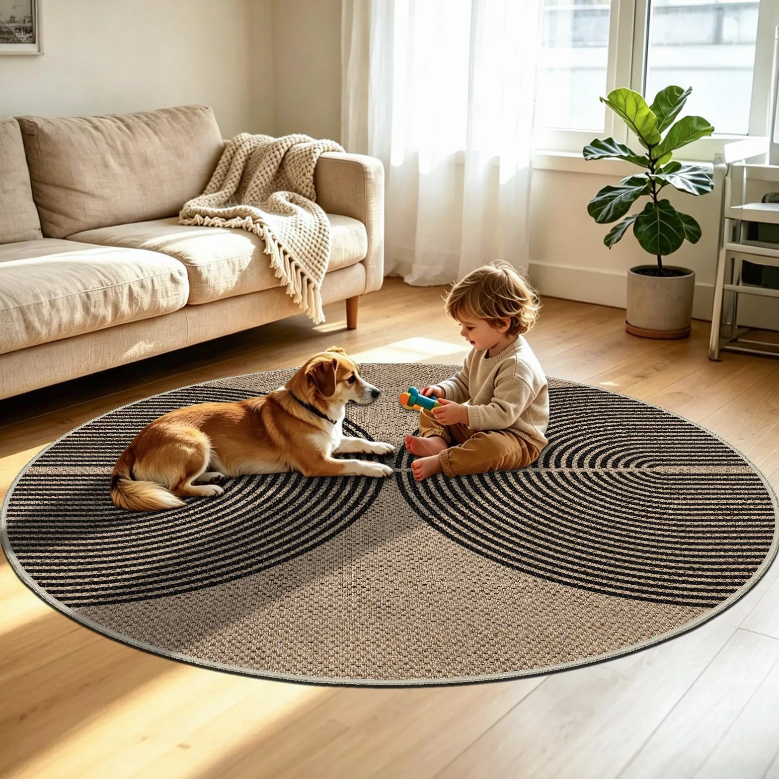 Capslpad Dywan do salonu, okrągły, 160 x 160 cm, wygląd juty, naturalny, okrągły, nadaje się do prania, antypoślizgowy dywan do salonu, sypialni, biura, czarny
