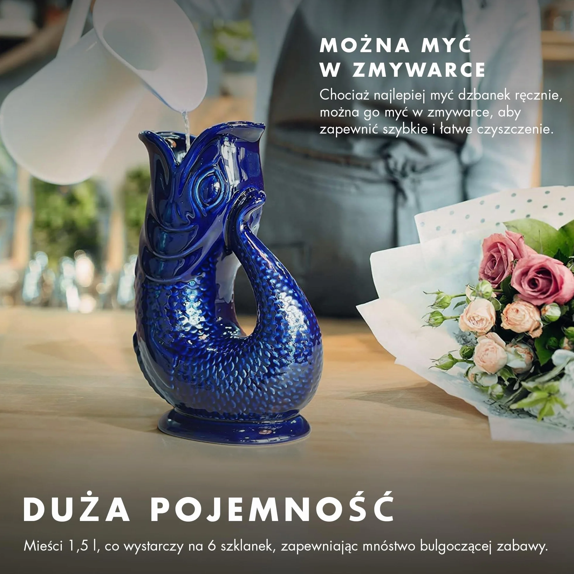 Gulgoczący dzbanek The Bubble Jug® Oceaniczna zieleń, 1,5 L – Duży, rybi ceramiczny dzbanek do serwowania koktajli, wody i ginu