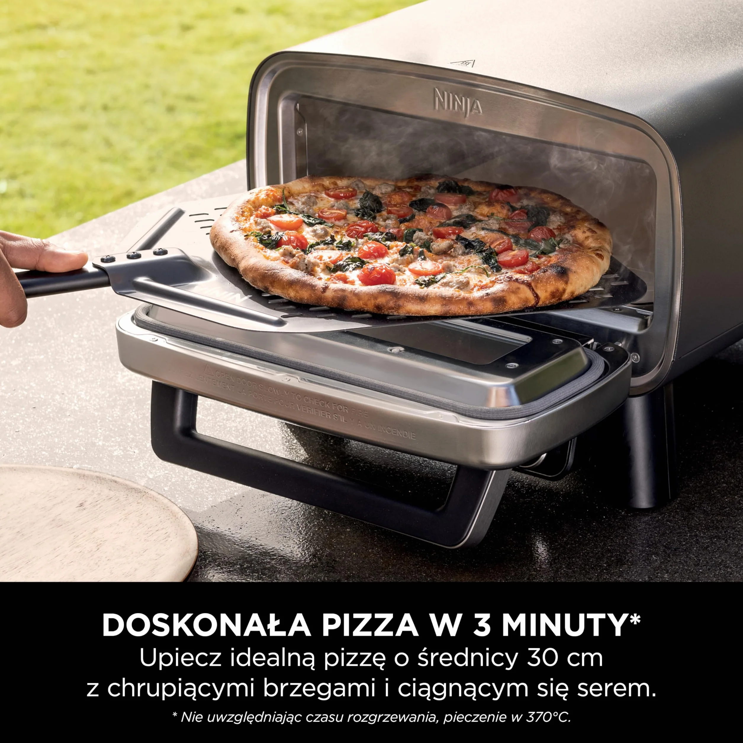 Ninja Artisan Elektryczny piec do pizzy i frytkownica, 4 funkcje: Pizza, Smażenie beztłuszczowe, Wypieki i Garowanie ciasta, 5 ustawień pizzy, kamień 30 cm, łopatka, blacha, kosz, szary MO201EU