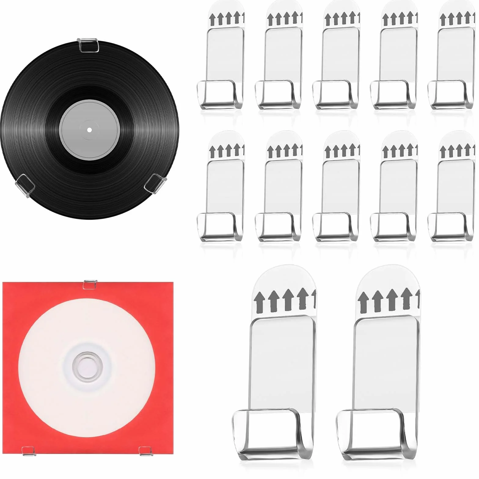 12szt Pólka do Montazu na Scianie Plyty Winylowej, Samoprzylepny Uchwyt na Plyte Winylowa bez Wiertla Przezroczysty Akrylowy Wieszak do Przechowywania Albumów z Tasma na Karte CD Kolekcje