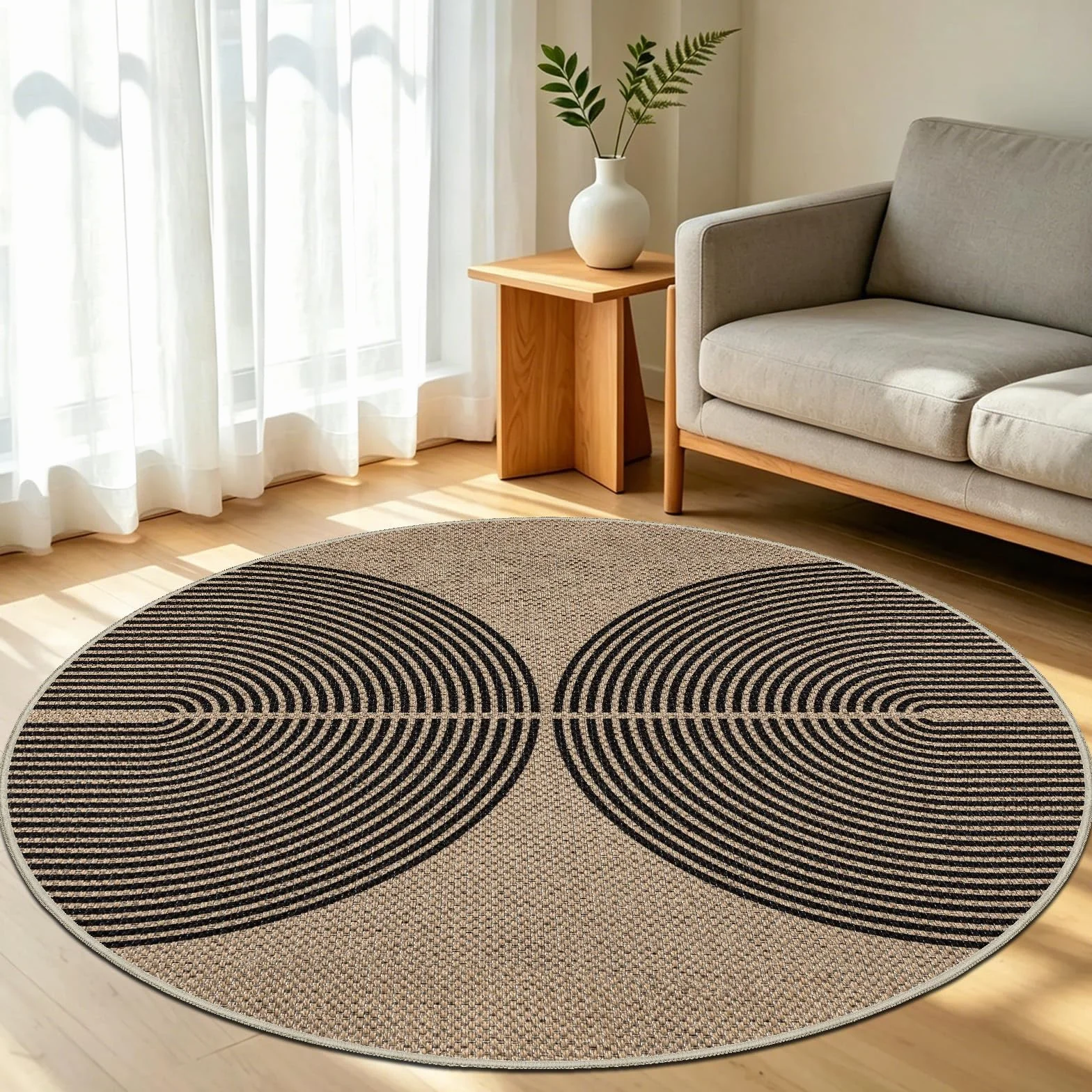 Capslpad Dywan do salonu, okrągły, 160 x 160 cm, wygląd juty, naturalny, okrągły, nadaje się do prania, antypoślizgowy dywan do salonu, sypialni, biura, czarny