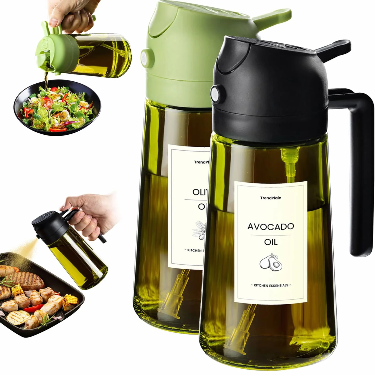 TrendPlain Butelka z dozownikiem oliwy 470 ml – Dozownik 2 w 1 i rozpylacz do gotowania, frytownicy, sałatek – Chroniąca przed światłem, z etykietami, bez BPA – Czarny & Zielony