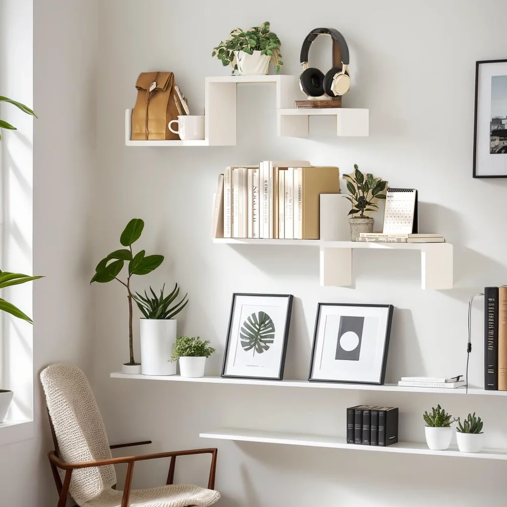SRIWATANA Regał ścienny, biały, 5 sztuk, regał ścienny, drewno, maksymalne obciążenie 40 kg, nowoczesna dekoracja ścienna, "zrób to sam", regał wiszący do salonu, łazienki, sypialni, biura, kuchni