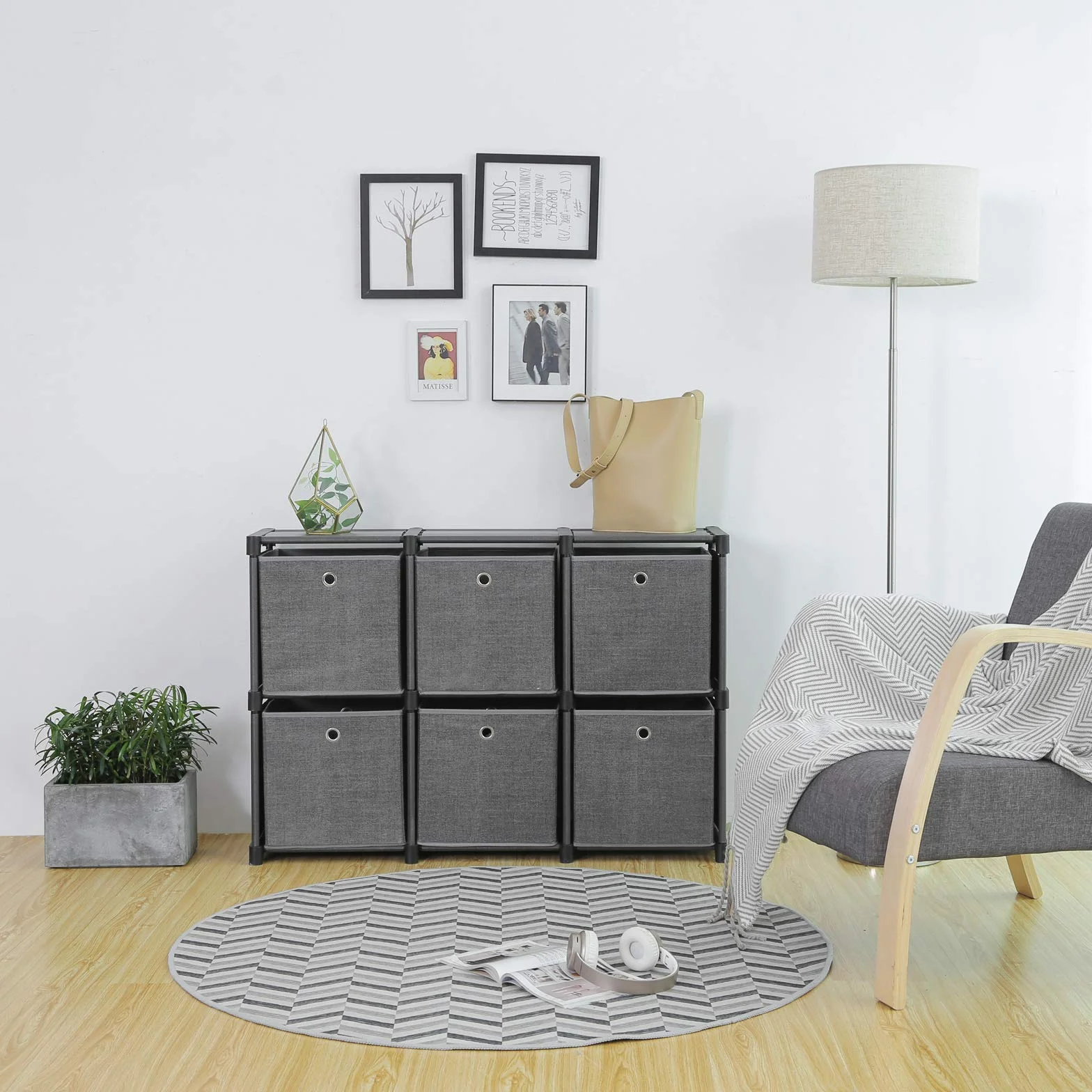 SONGMICS LSN66BK regał wtykowy, system przechowywania 6 kostek, z 6 pudełkami z materiału, wielofunkcyjny, z wytrzymałą metalową ramą, gumowym młotkiem, 105 x 105 x 30 (szer. x wys. x głęb.), kolor