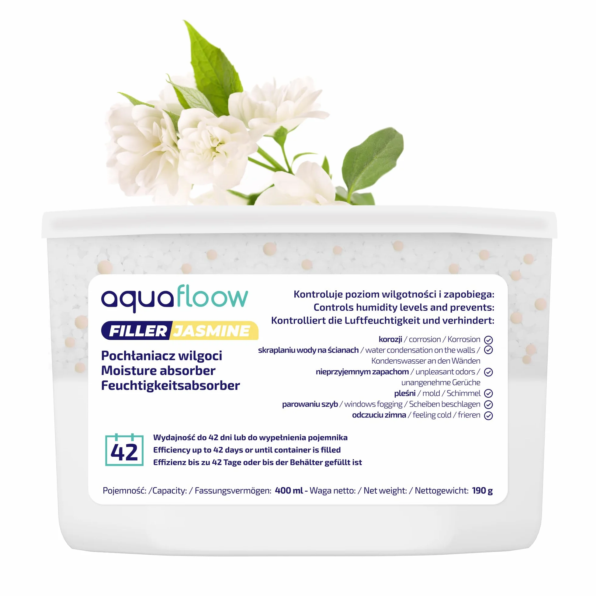 Aquafloow Osuszacz Pokojowy 400 ml, Redukuje Wilgotność, 6 Sztuki Granulki JASMINE | Neutralizator Zapachów, Pochłaniacz Wilgoci do Kuchni, Szafki, Łazienki i Gabinetu