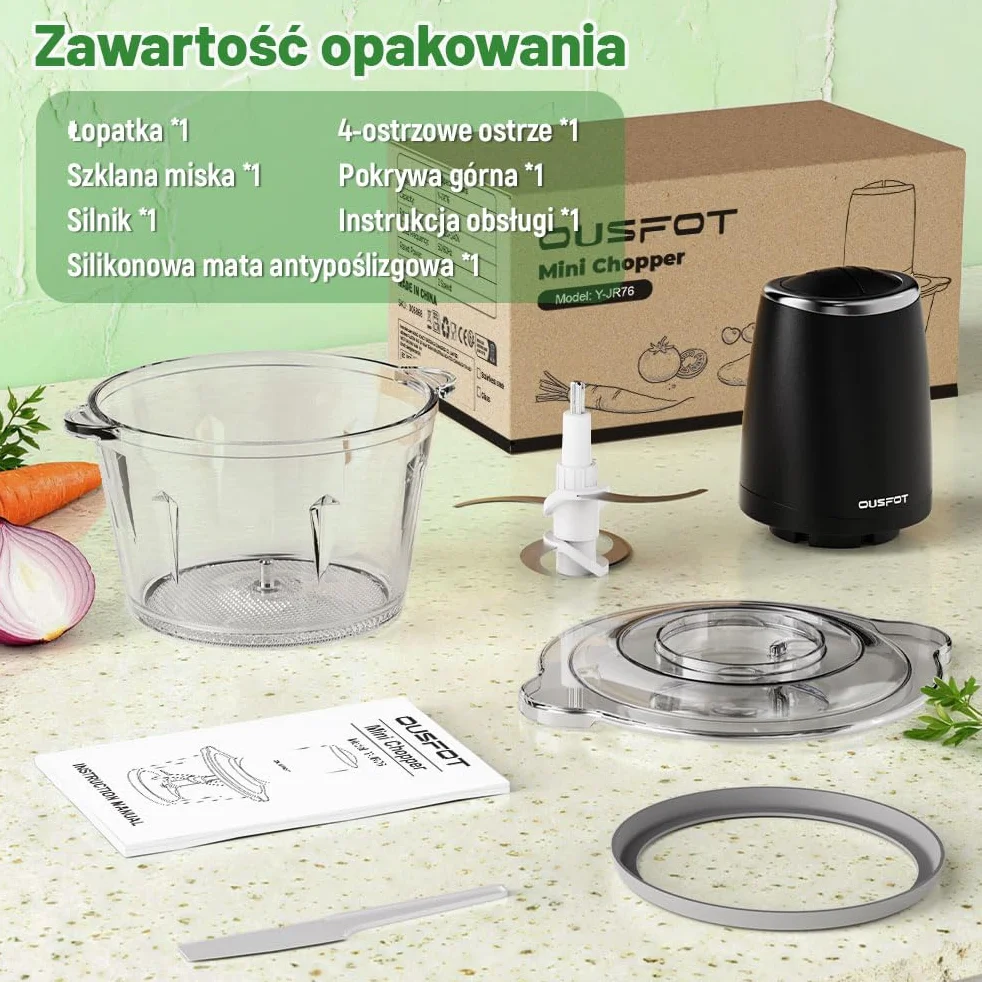 OUSFOT Elektryczny Siekacz do Zywności, 1,8L blender,500W Siekacz,Mini Elektryczny ze Szklaną Miską do Warzyw,Owoców,Mięsa,Kuchni