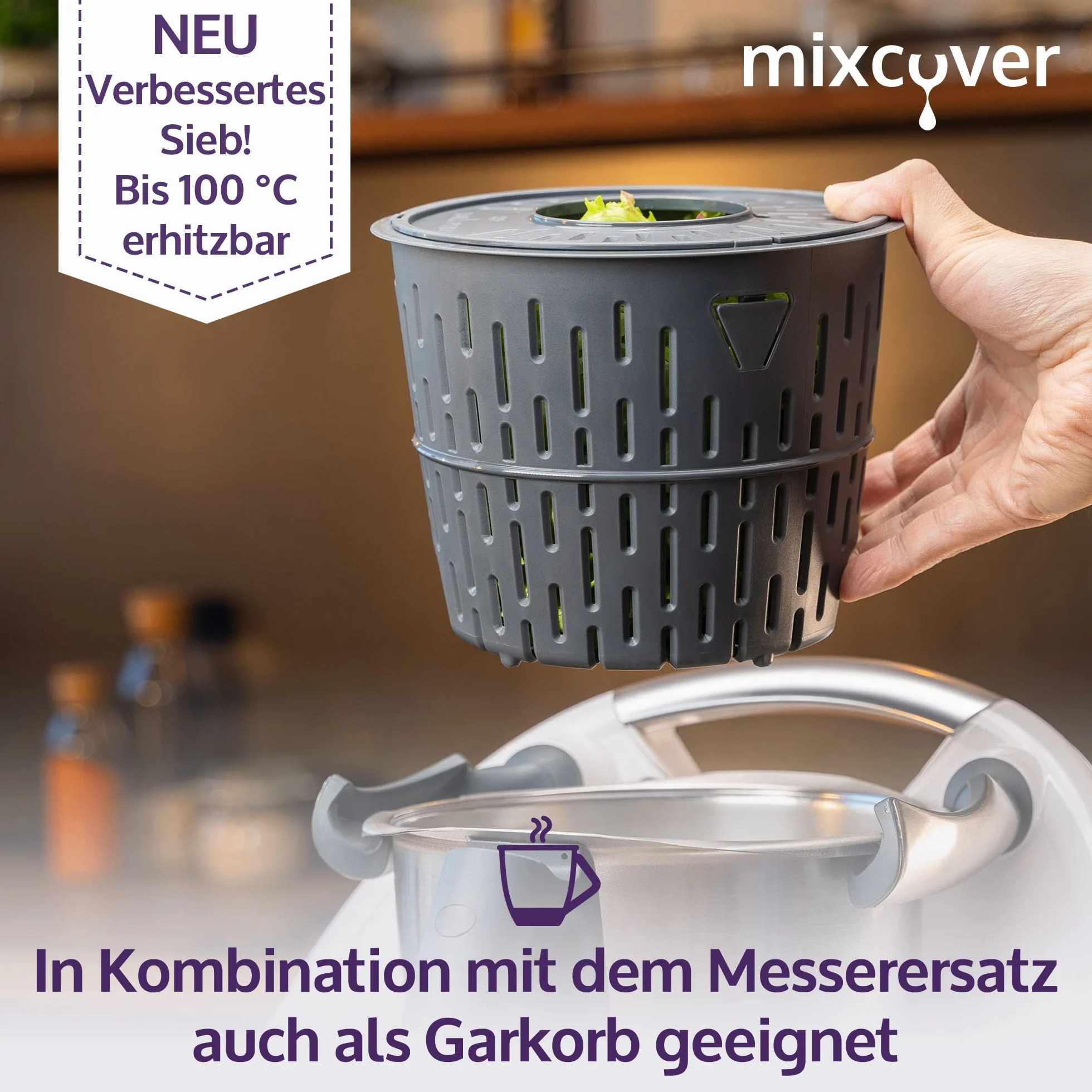 mixcover ulepszona wersja wirówki do sałat z e-bookiem z książeczką przepisów, kompatybilna z Thermomix TM7 TM6 TM5 – mycie i suszenie sałaty – suszarka do sałat - również do gotowania