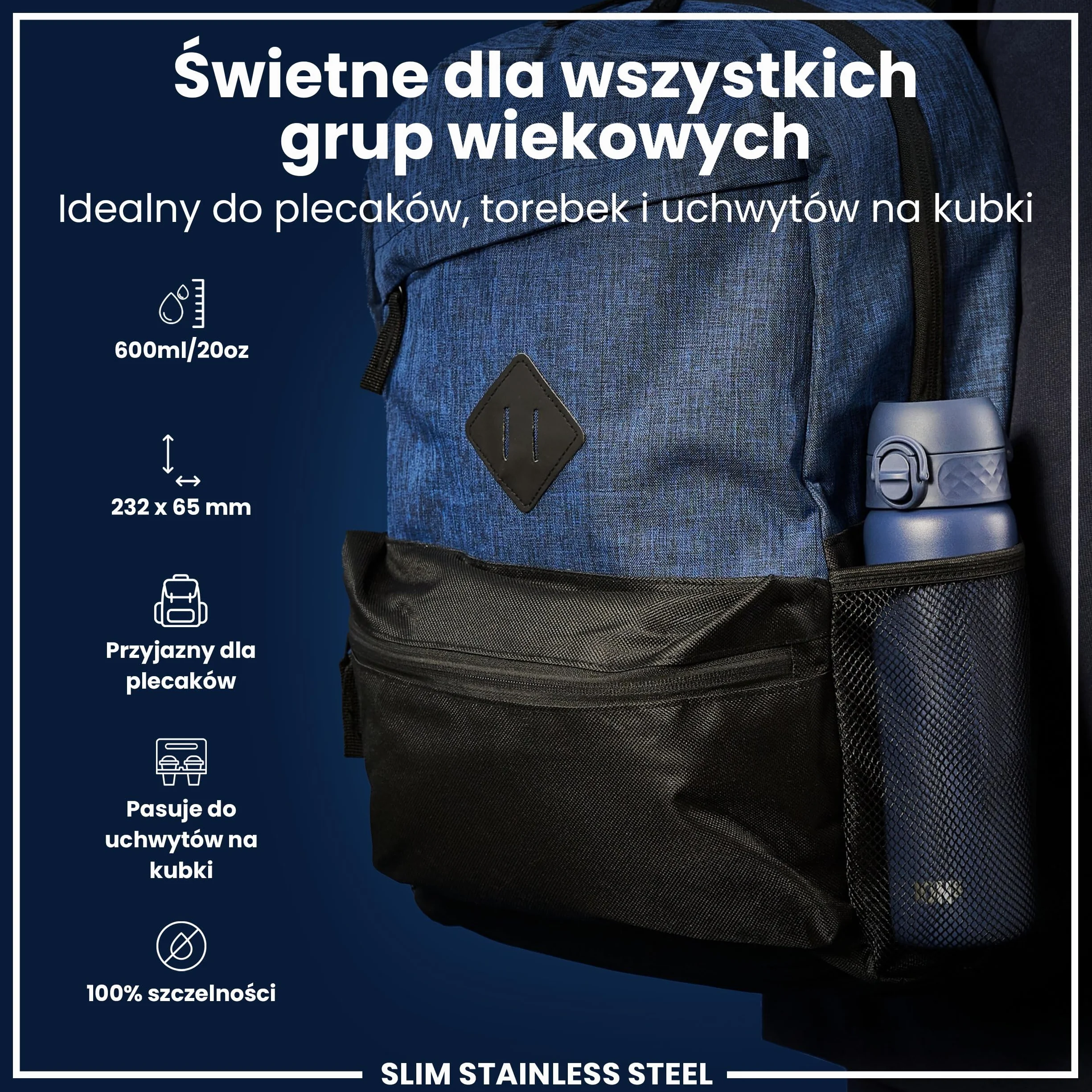 Ion8 Butelka na Wodę ze Stali, 600 ml/20 oz, Szczelna, Łatwe Otwieranie, Bezpieczny Zamek, Można Myć w Zmywarce, Higieniczne Pokrycie, Pasuje do Uchwytów, Składany Uchwyt, Metalowa Butelka