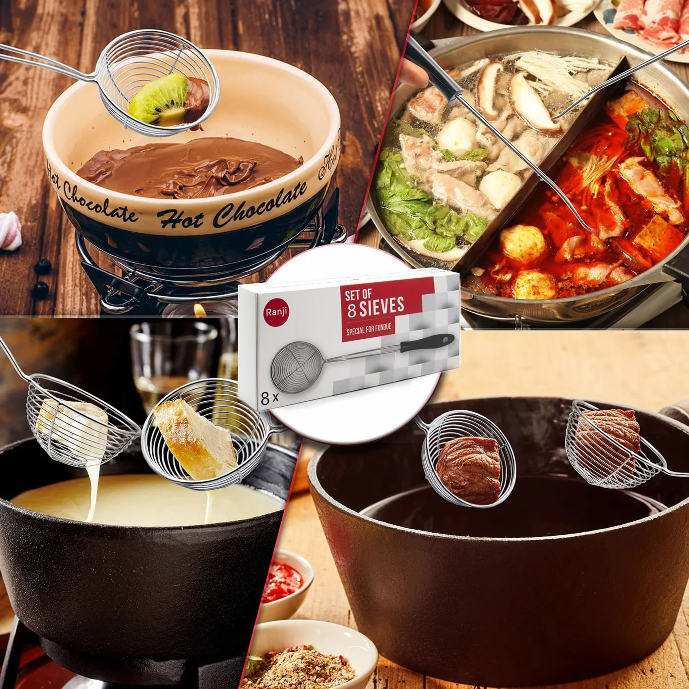 Ranji® Sitko do fondue ze stali nierdzewnej, łatwe w pielęgnacji, idealne do fondue, 8 sztuk