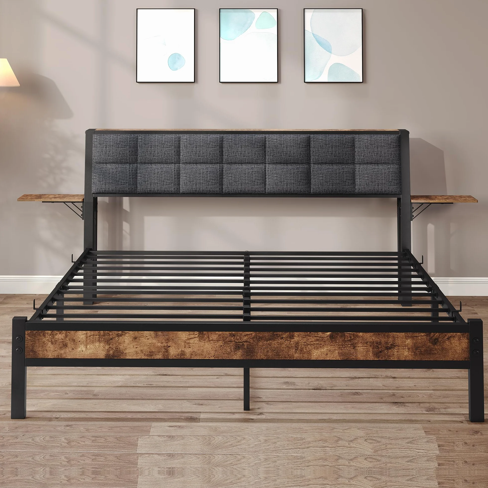 Łóżko tapicerowane 140x200 ze stelażem lamelkowym, rama łóżka z metalu i drewna, nowoczesne metalowe łóżko rama łóżka/łóżko 140x200 z miejscem do przechowywania w zagłówku i 2 bocznymi