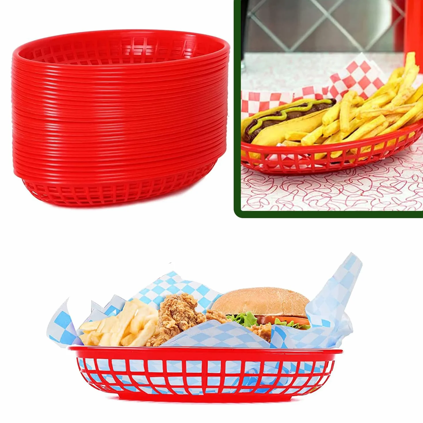 12 sztuk koszyków na pieczywo, owalne kosze na żywność, fast food, talerze na przekąski, francuskie frytki, kosz na chipsy, nadają się do hamburgerów, frytek i hot dogów