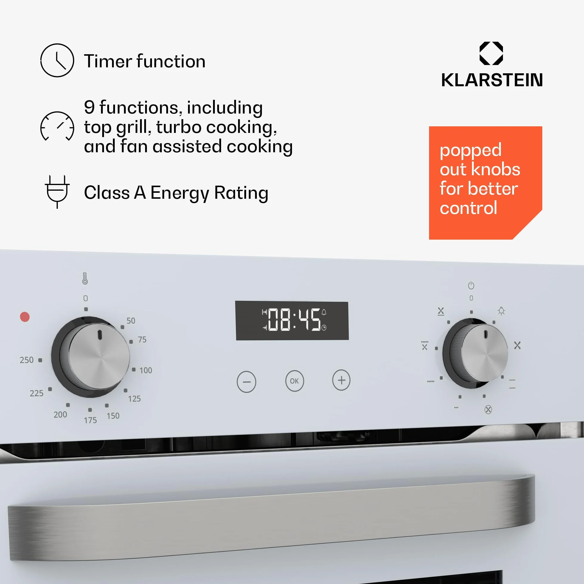 Klarstein SmartSlim piekarnik do zabudowy – 45 cm, 49 l, 9 funkcji, czyszczenie parowe, zdejmowane szklane drzwi, klasa energetyczna A, czarne szkło, cyfrowy timer, piekarnik