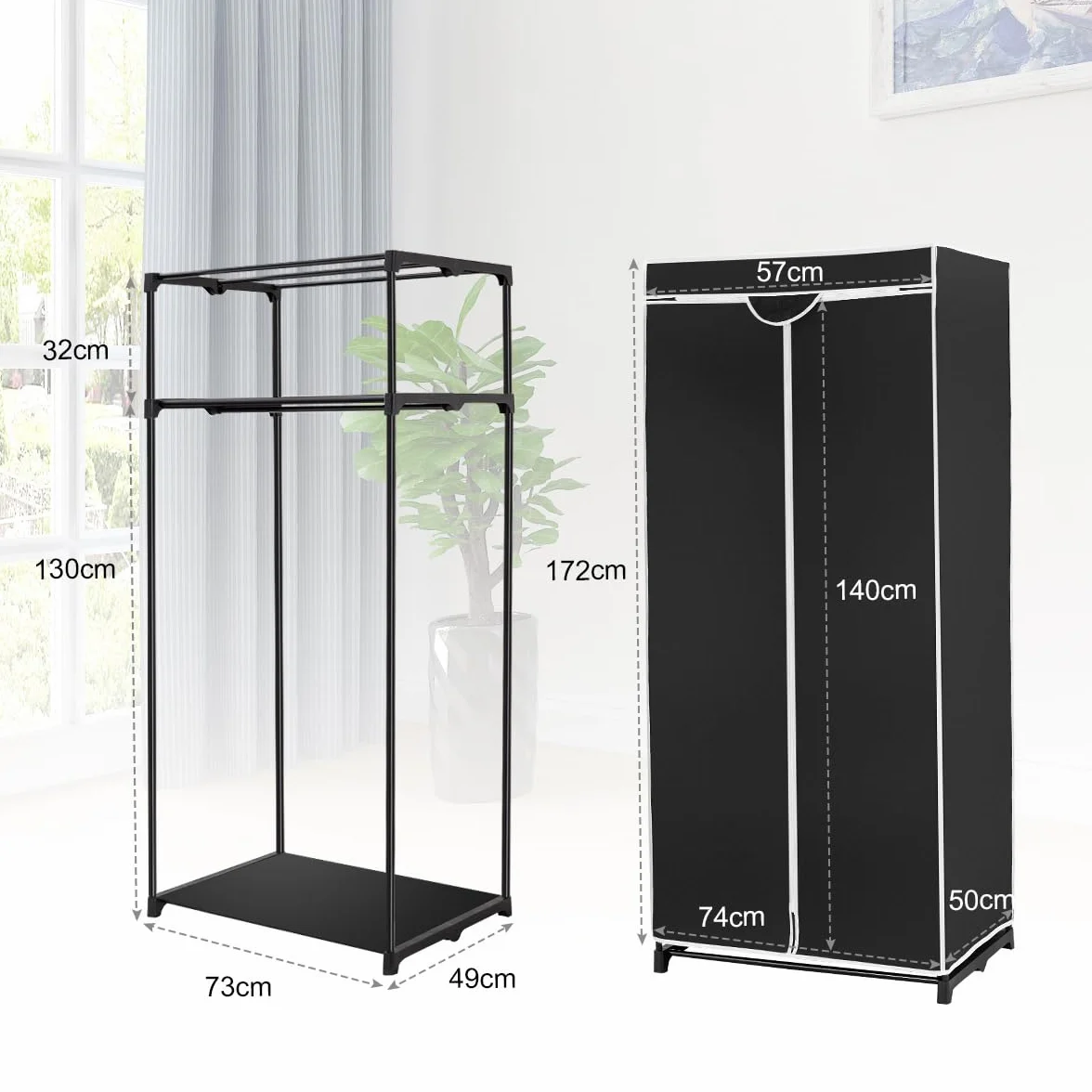 GOPLUS Szafa na ubrania, materiałowa szafa z zamkiem błyskawicznym i drążkiem na ubrania, składana szafa z materiału, do sypialni, 74 x 50 x 172 cm (czarna)