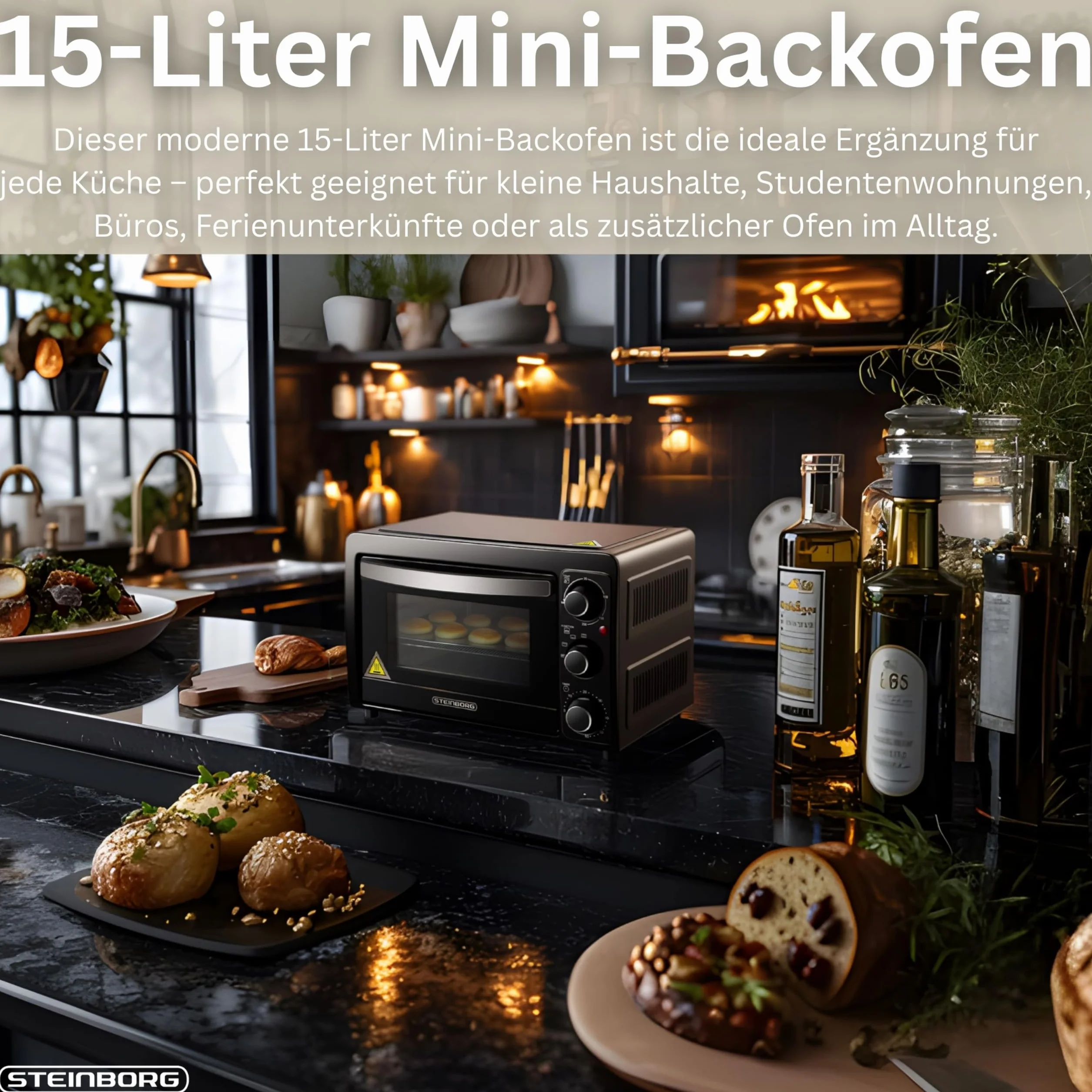 Mini piekarnik 15 l | piec do pizzy | mini piekarnik | minutnik 60 min | 100°-230°C | 1200 W | piekarnik | blacha na okruchy | mini piekarnik | piec kempingowy | mały piekarnik | energooszczędny