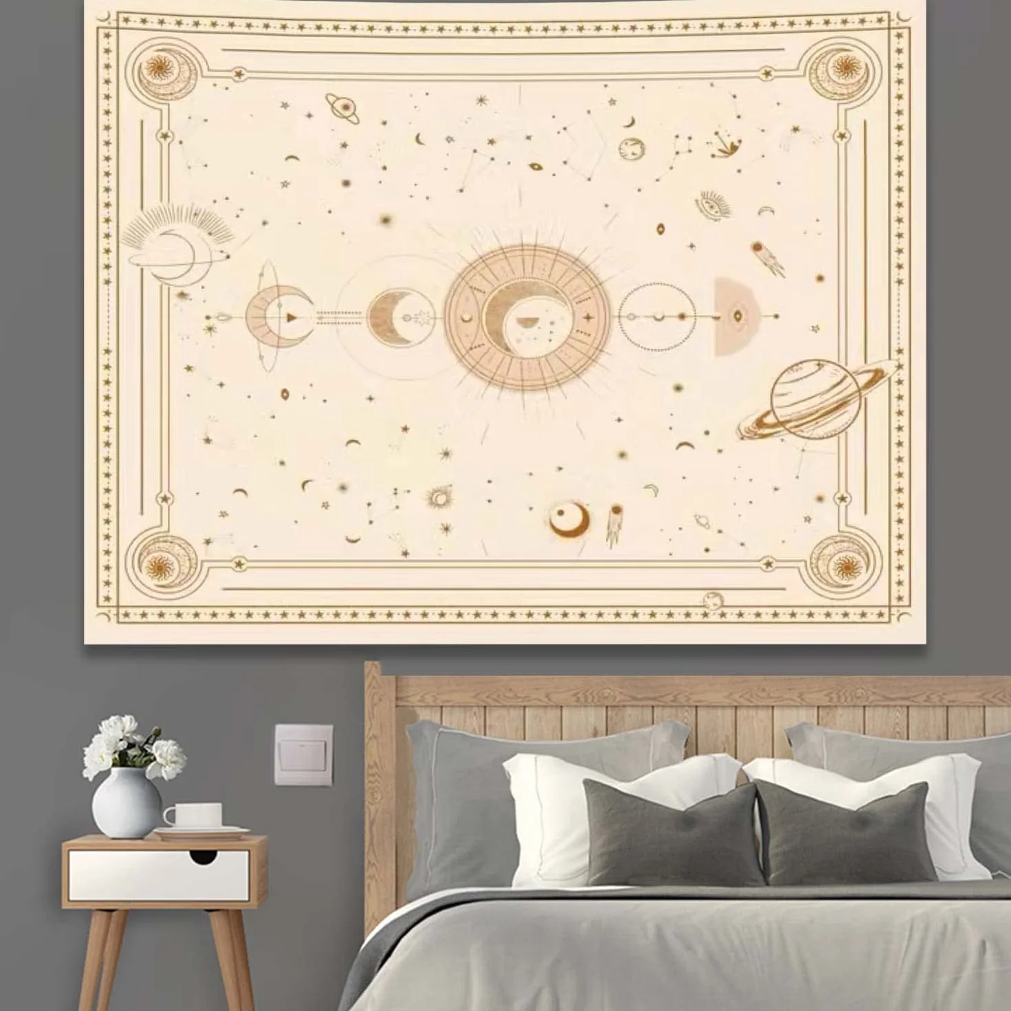 Arawat Dywan ścienny, fazy księżyca, biały – księżyc, gobelin, gotycki, indyjski gobelin, mandala, psychodeliczna dekoracja, dekoracja ścienna (150 x 200 cm)