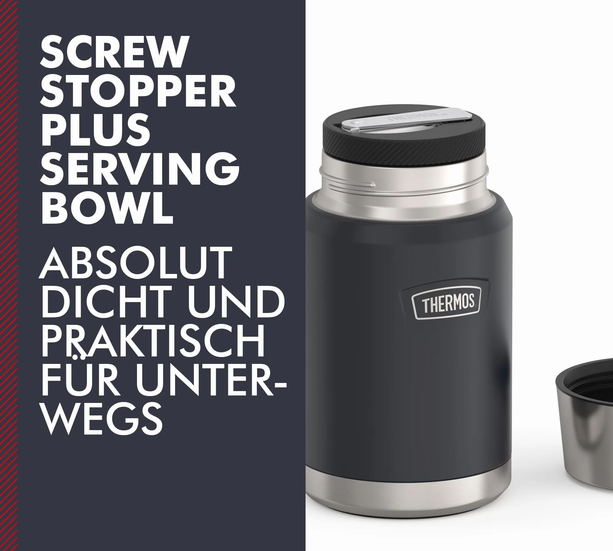 Thermos ICON Food Jar 0,71 l, ciemnoszary/grafitowy matowy, naczynie na jedzenie 710 ml, podwójne ścianki ze stali nierdzewnej 18/8, utrzymuje ciepło i zimno, ze składaną łyżką, antypoślizgowe dno,