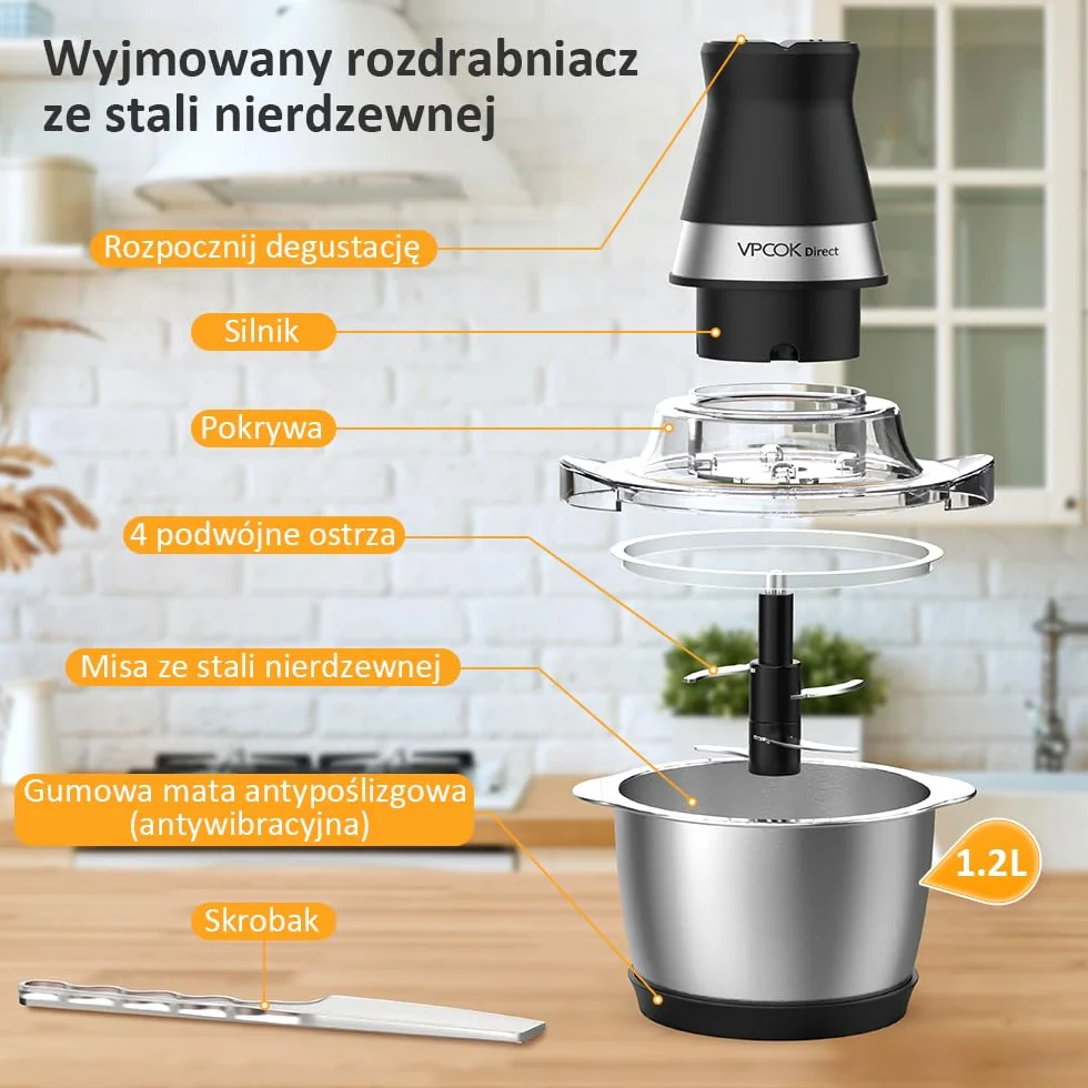 Rozdrabniacz kuchenny elektryczny z pojemnikiem ze stali nierdzewnej 1,2 l, elektryczny rozdrabniacz, wydajny uniwersalny rozdrabniacz z 4 ostrzami ze stali nierdzewnej, 400 W (wielorazowy)