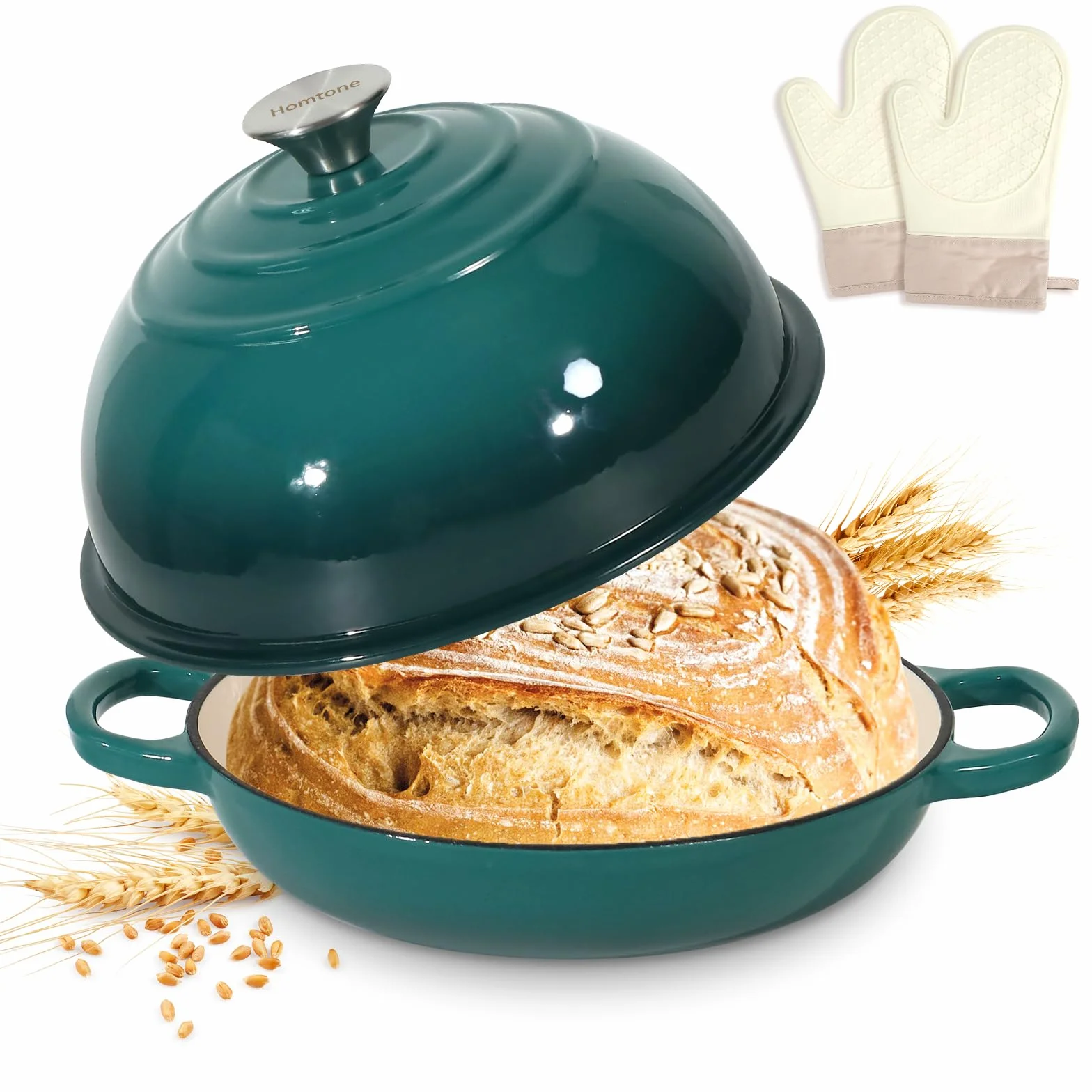 Homtone 26 cm emaliowany żeliwny holenderski garnek do piekarnika, holenderski piec do pieczenia chleba na zakwasie, żeliwny garnek do chleba z pokrywką (niebieski pawi, z rękawicami kuchennymi)