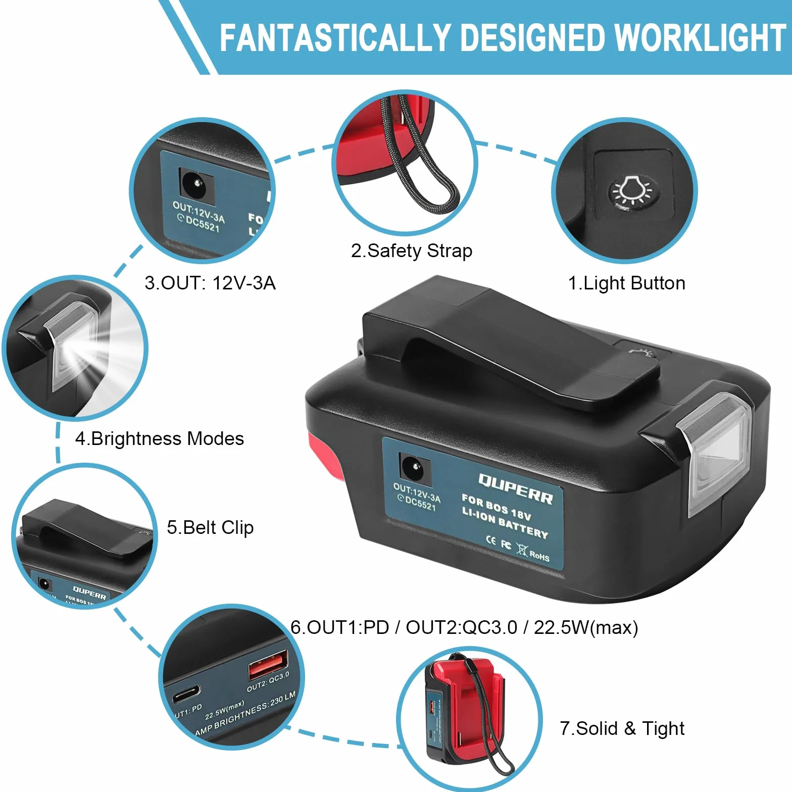 Adapter ładowarki USB QUPERR do profesjonalnych akumulatorów Bosch 18 V z portem DC 12 V i dwoma portami USB oraz lampą roboczą LED i klipsem do paska (akumulator nie wchodzi w skład zestawu)