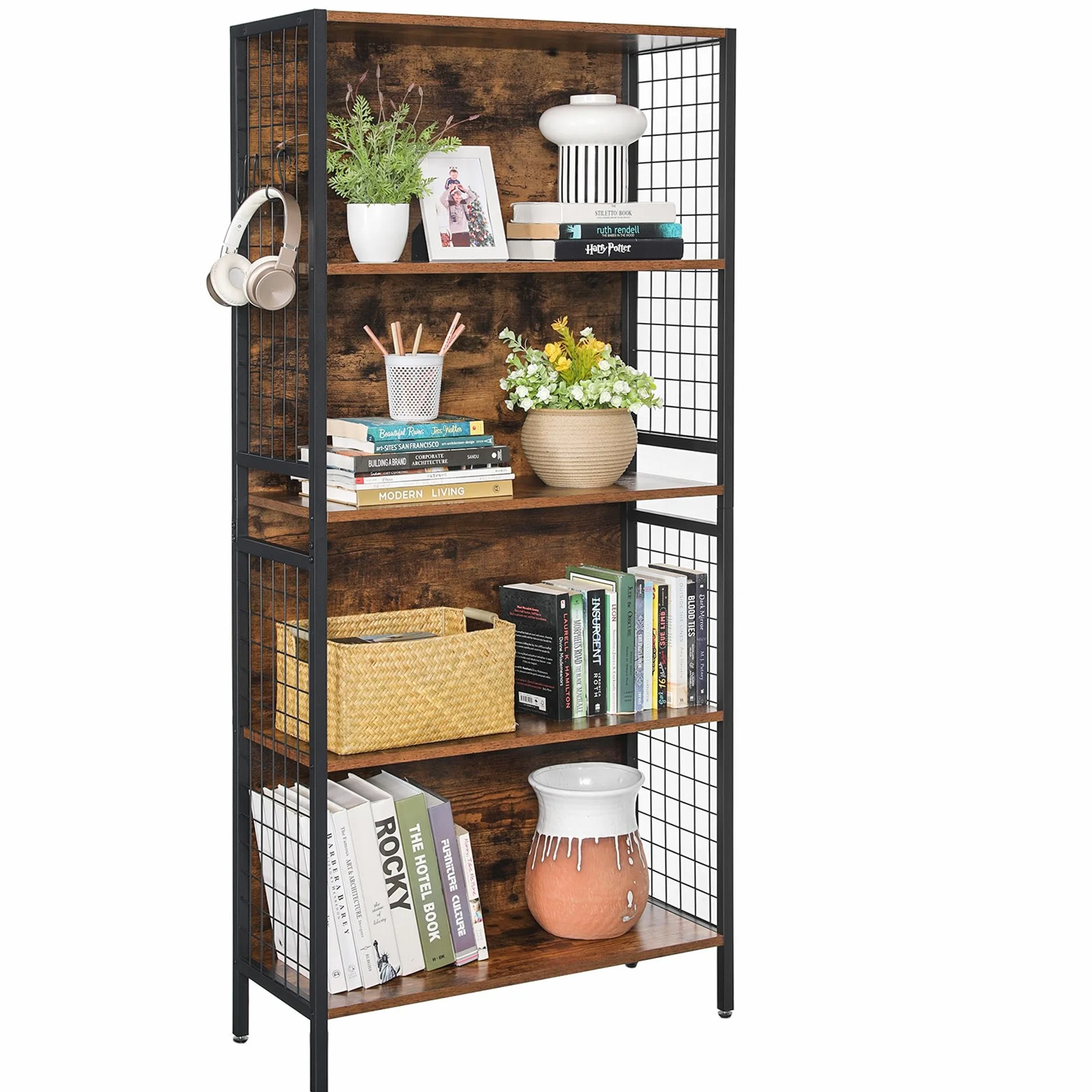 VASAGLE Regał na książki, 5-poziomowy regał na książki, regał z 4 haczykami, 30 x 74 x 154 cm, do biura, gabinetu, salonu, sypialni, rustykalny brąz i czarny atrament LBC023B01