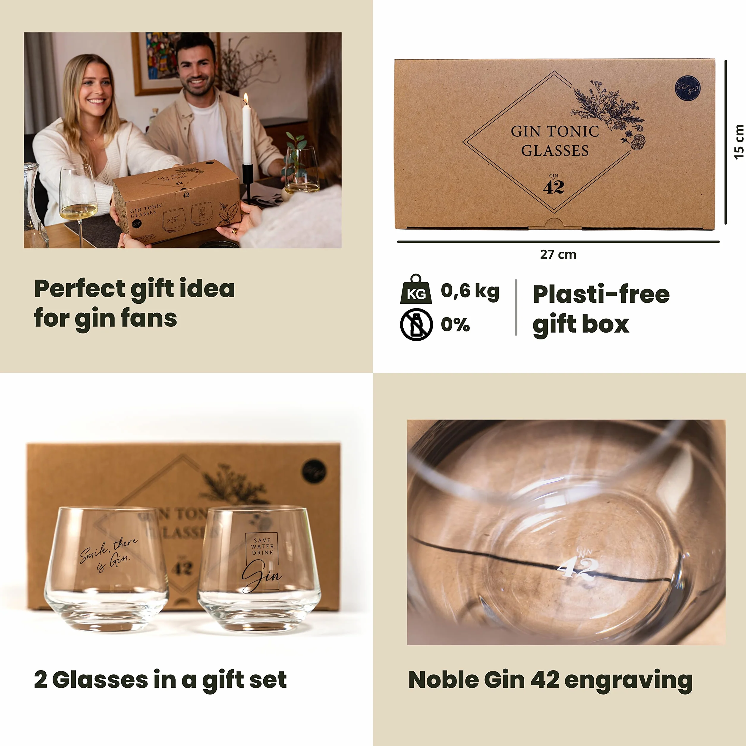 Kieliszki do Ginu - Zestaw 2 Szt. z Typowymi Sentencjami | 2 x 400 ml | Nadają Się do Dużych Kostek Lodu | Mycia w Zmywarce | Pomysł na Prezent