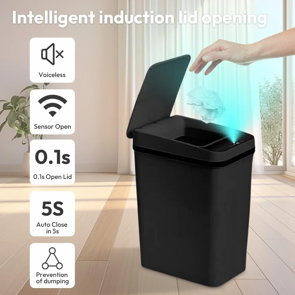 Inteligentny kosz na śmieci z czujnikiem 12 l wodoodporny czarny