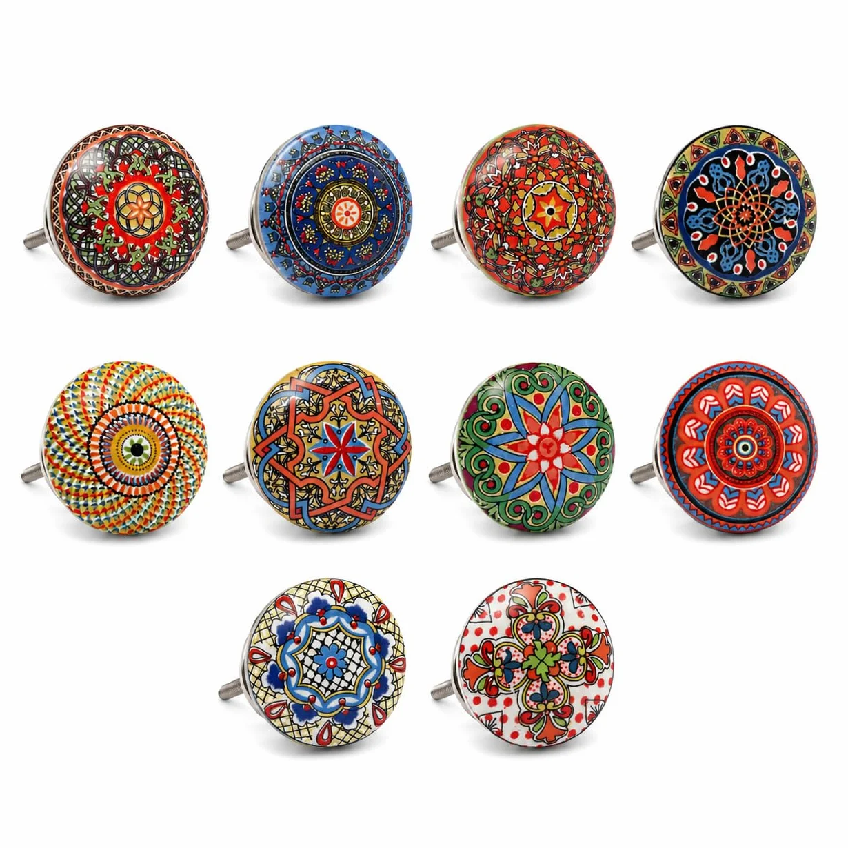 Zestaw 10 pokrętł ceramicznych z różnymi stylami kwiatowymi, ręcznie malowane. Ręcznie robione uchwyty do szafek, szuflad, komód i wieszaków. Klasyczne pokrętła o średnicy 40 mm.