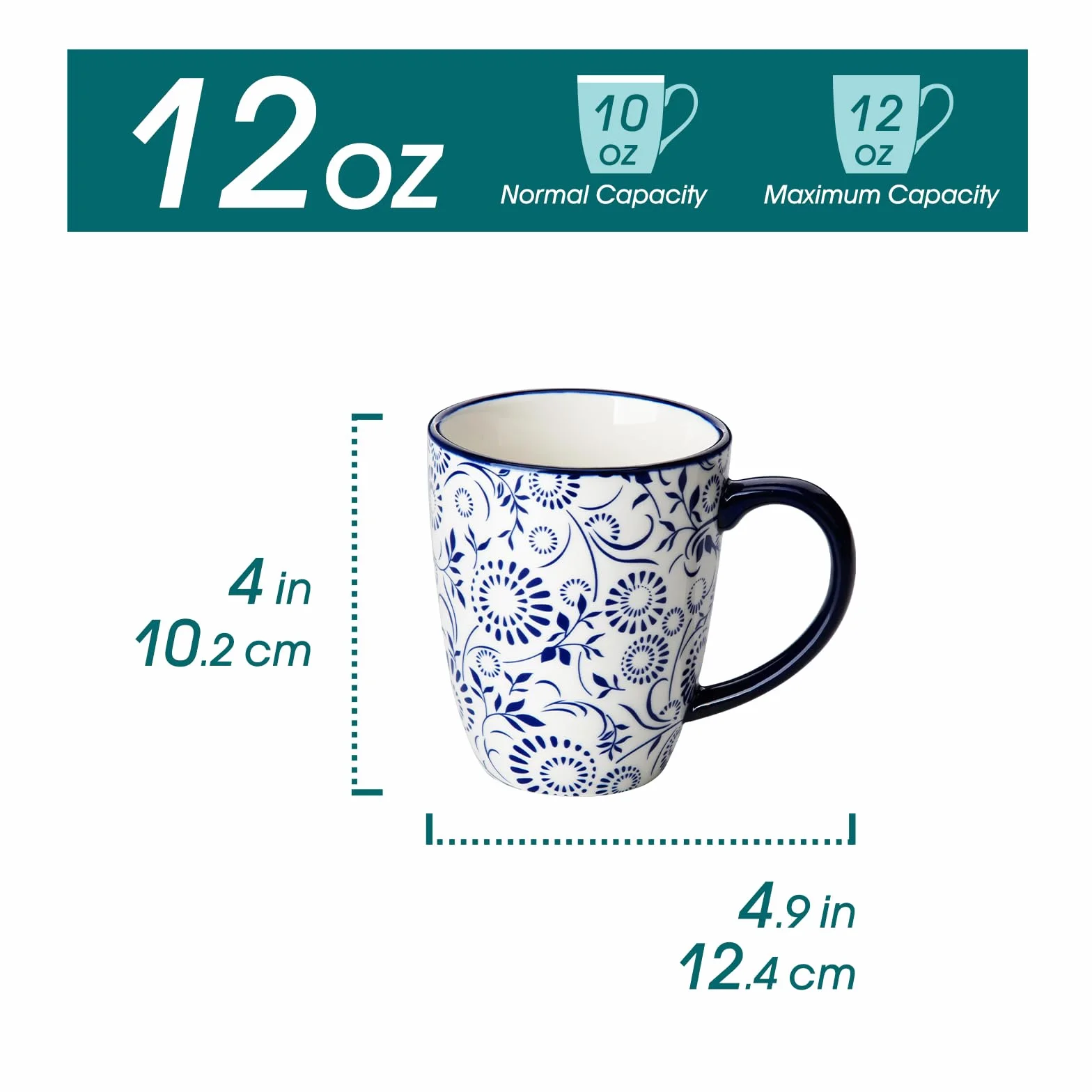 vancasso Zestaw 6 filiżanek do kawy, SELENE filiżanki z porcelany, 360 ml kubek do kawy z uchwytem, filiżanka do kawy, mleka, herbaty i kakao, vintage niebiesko-biały