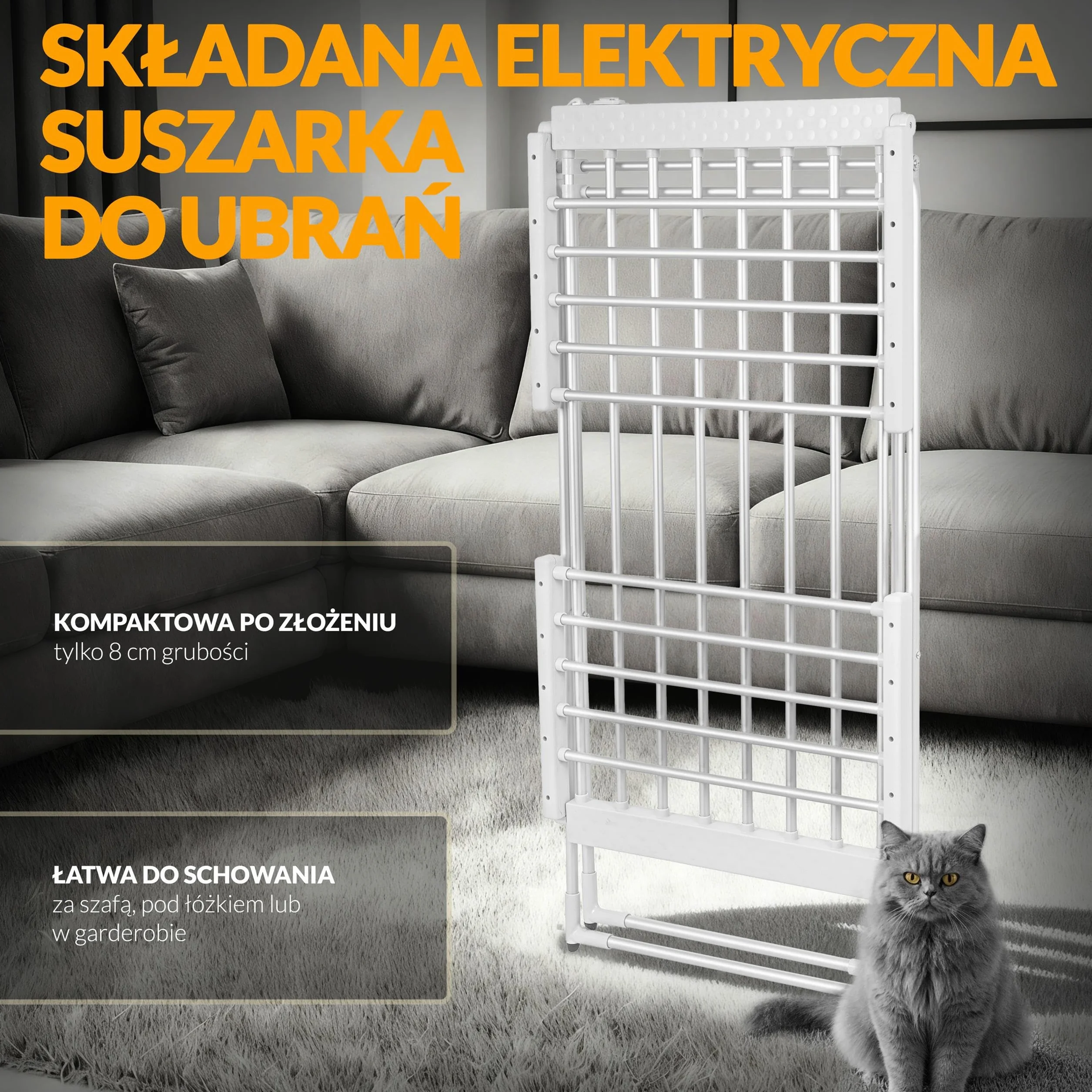 Elektryczna suszarka na pranie, Suszarka do ubrań z 18 prętami grzejnymi, Podgrzewany stojak do suszenia prania o mocy 220W, 148 x 52,5 x 90 cm, Skraca czas suszenia, IP22, Srebrno-Biała