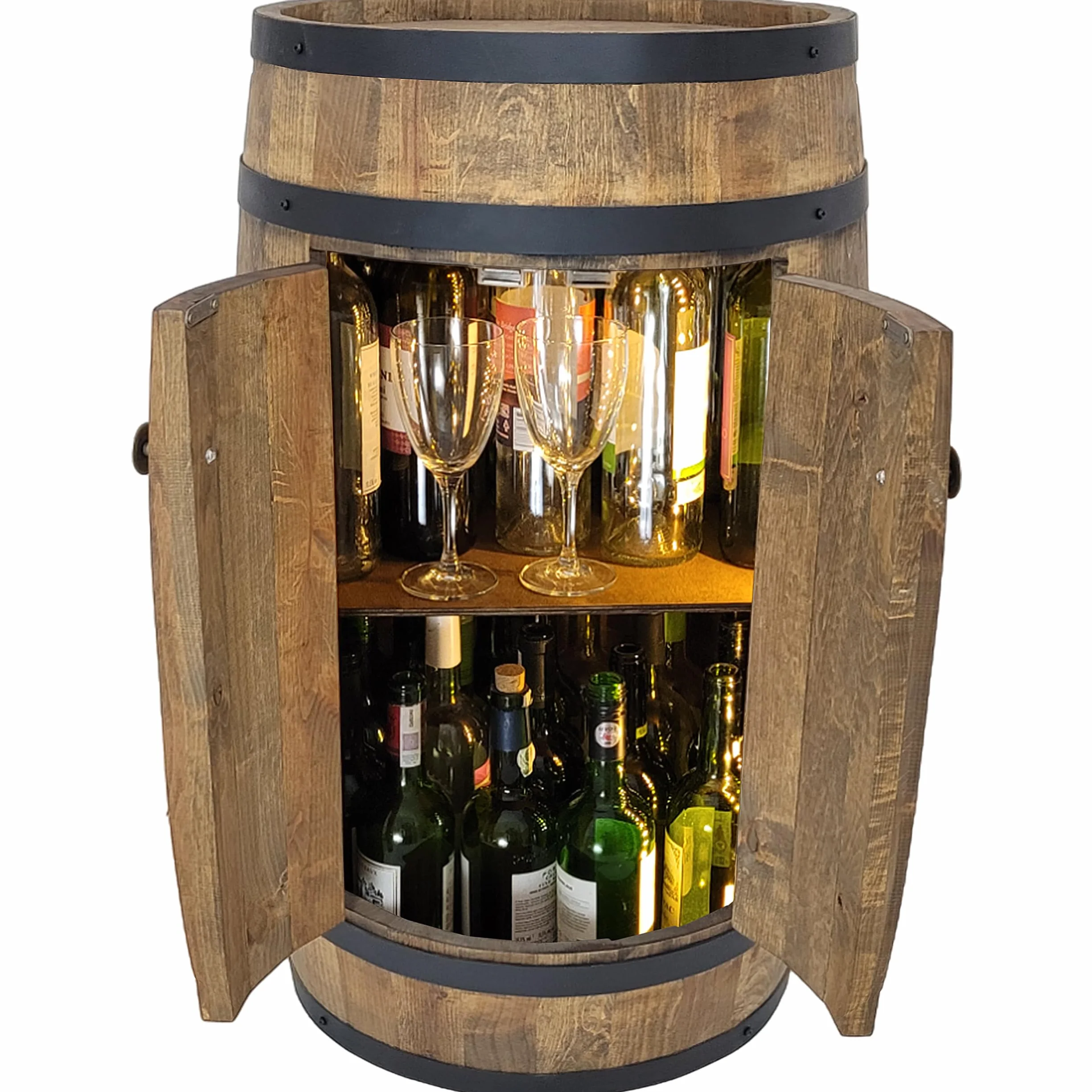 Beczka z 2 drzwiami i oświetleniem LED, drewniana beczka 80 x 50 cm, beczka na wino, szafka barowa, ręcznie robiony stojak na butelki, dom, bar, bar, ściana, drewniana półka, whisky, wino, piwo, stół