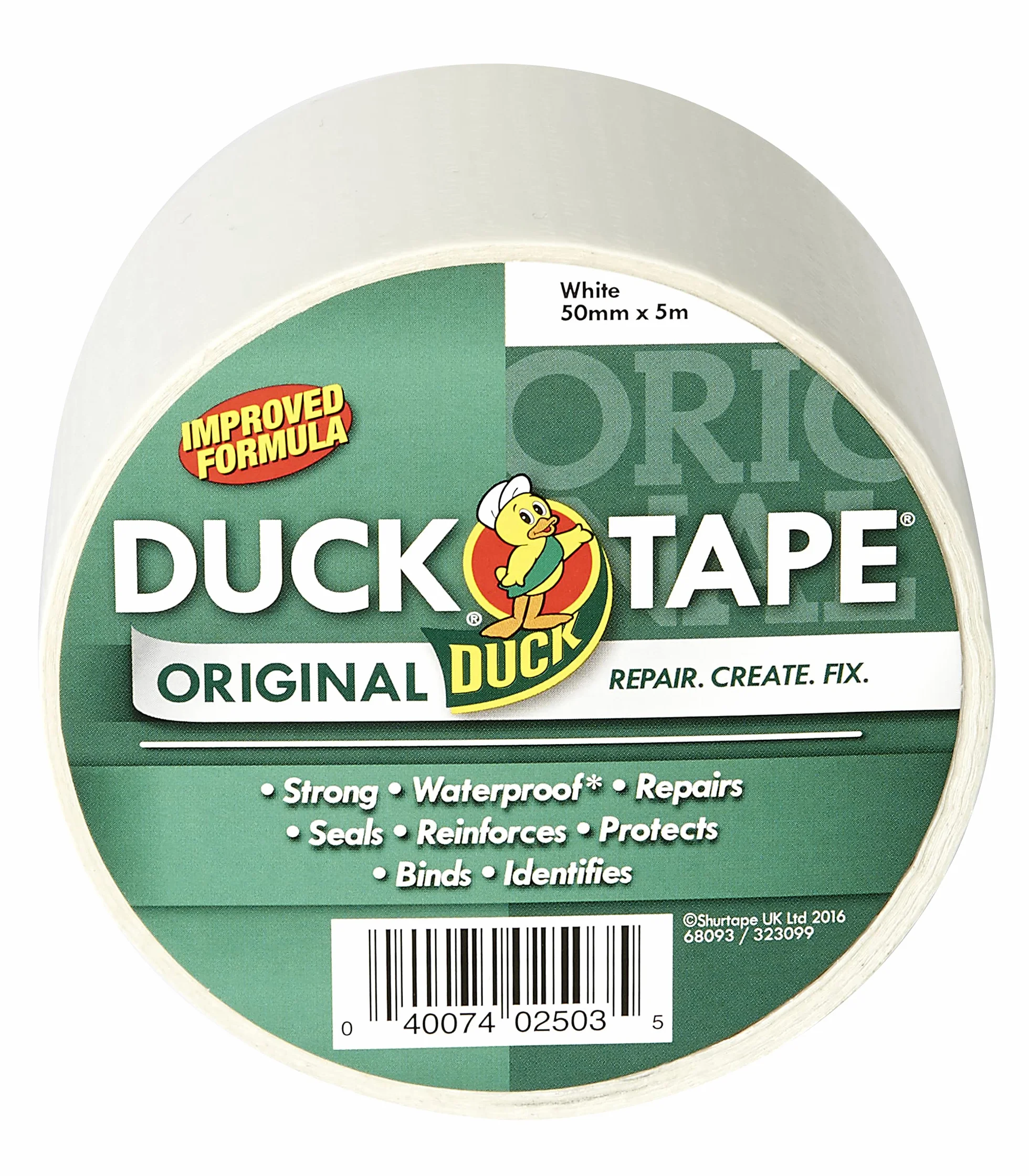 Duck Tape Oryginalna biała taśma naprawcza 50 mm x 5 m, ulepszona formuła o wysokiej wytrzymałości wodoodporna taśma klejąca do tkanin i kleju