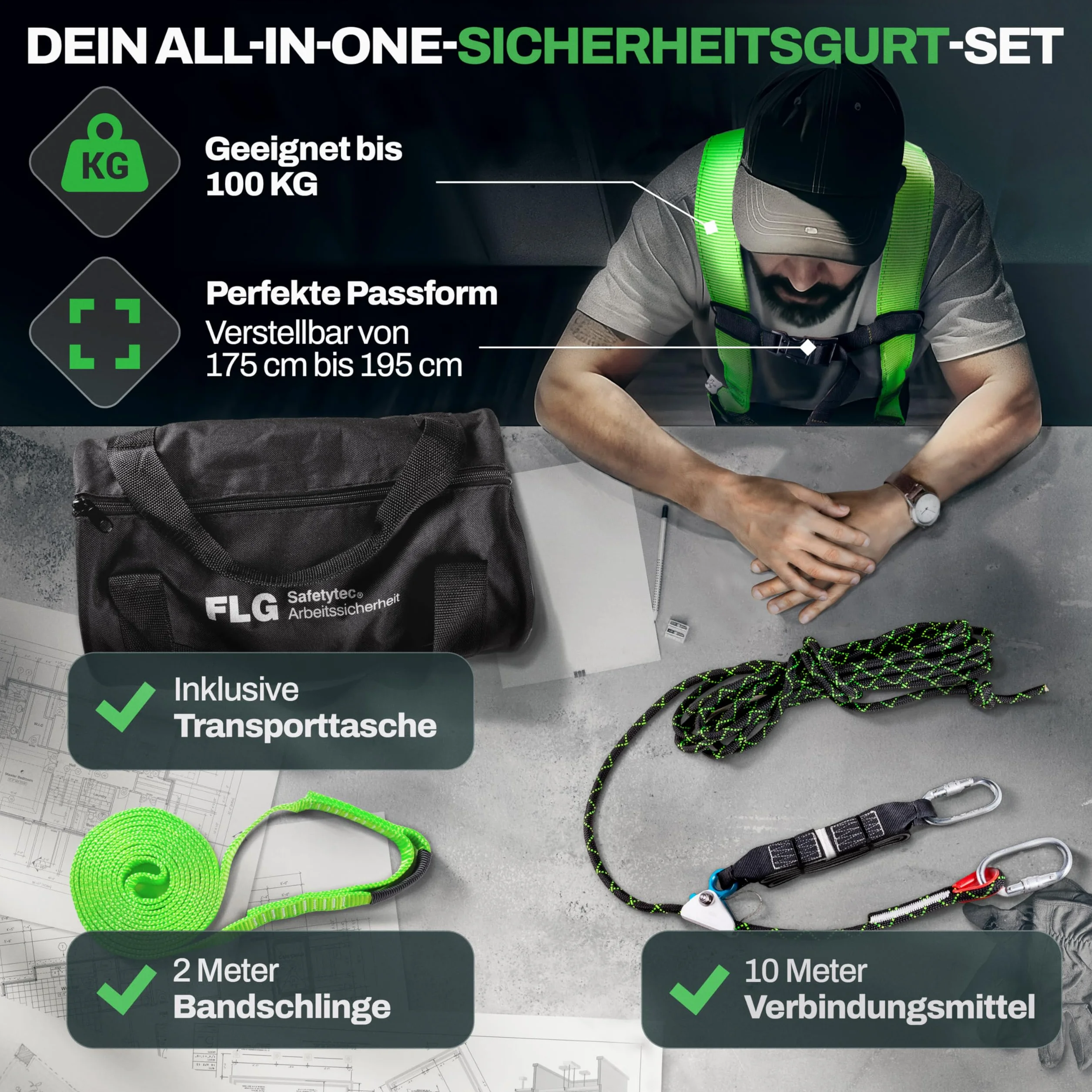 FLG Safetytec Fallschutz Komplettset - 2-Punkt Auffanggurt mit 10m Verbindungsmittel und 2m Bandschlinge für maximale Sicherheit bei Höhenarbeiten gem. EN353 / 361/795