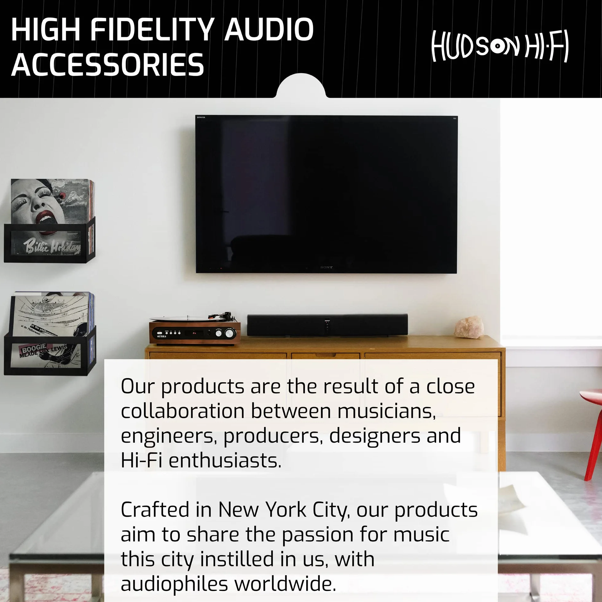 Hudson Hi-Fi Wall Mount Vinyl Record Storage 25-Album Display Holder - Black Satin - Two Pack