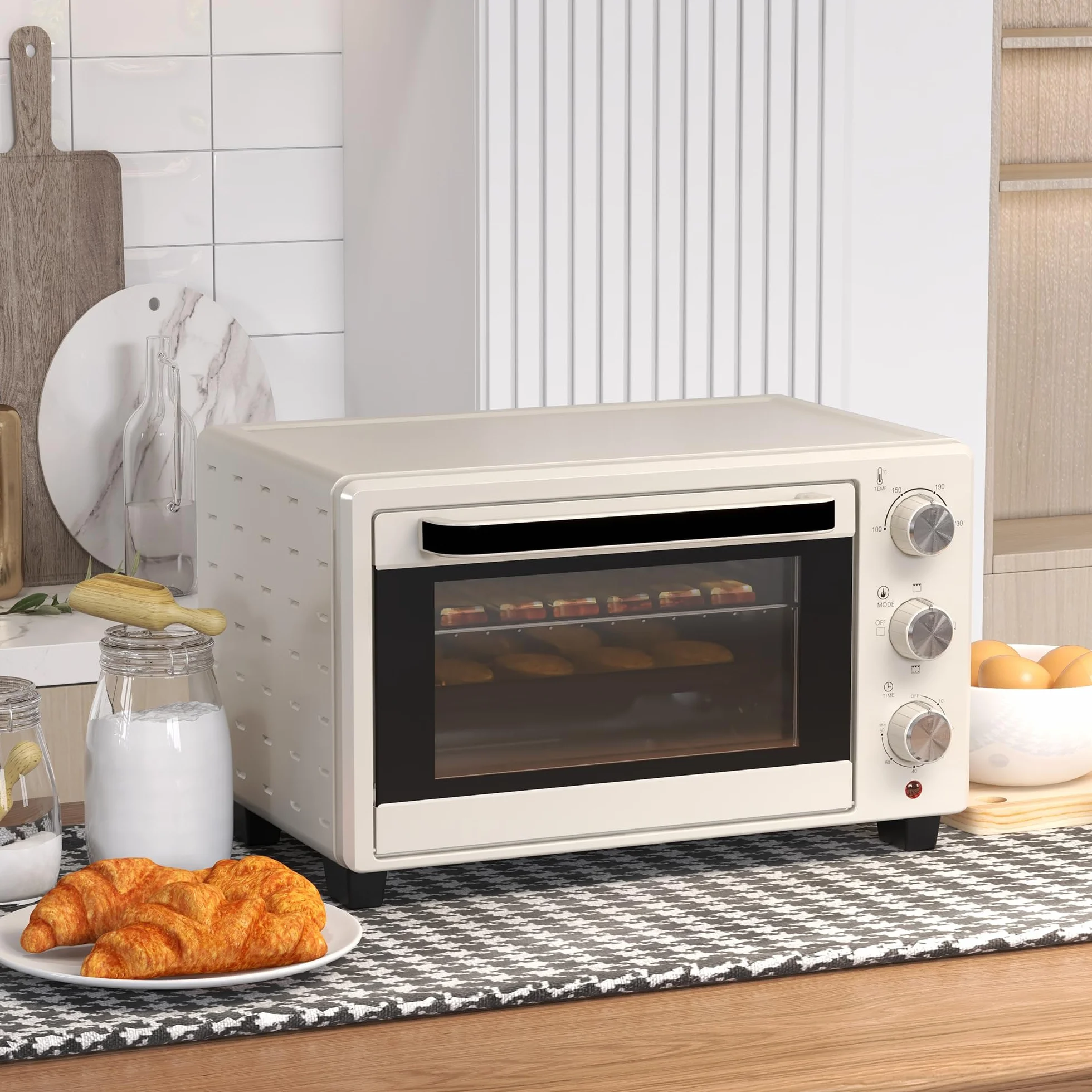 HOMCOM Mini piekarnik 21 l, 1400 W, 100-230°C, timer 60 min, blacha do pieczenia, ruszt do grillowania, pizza, kremowy biały