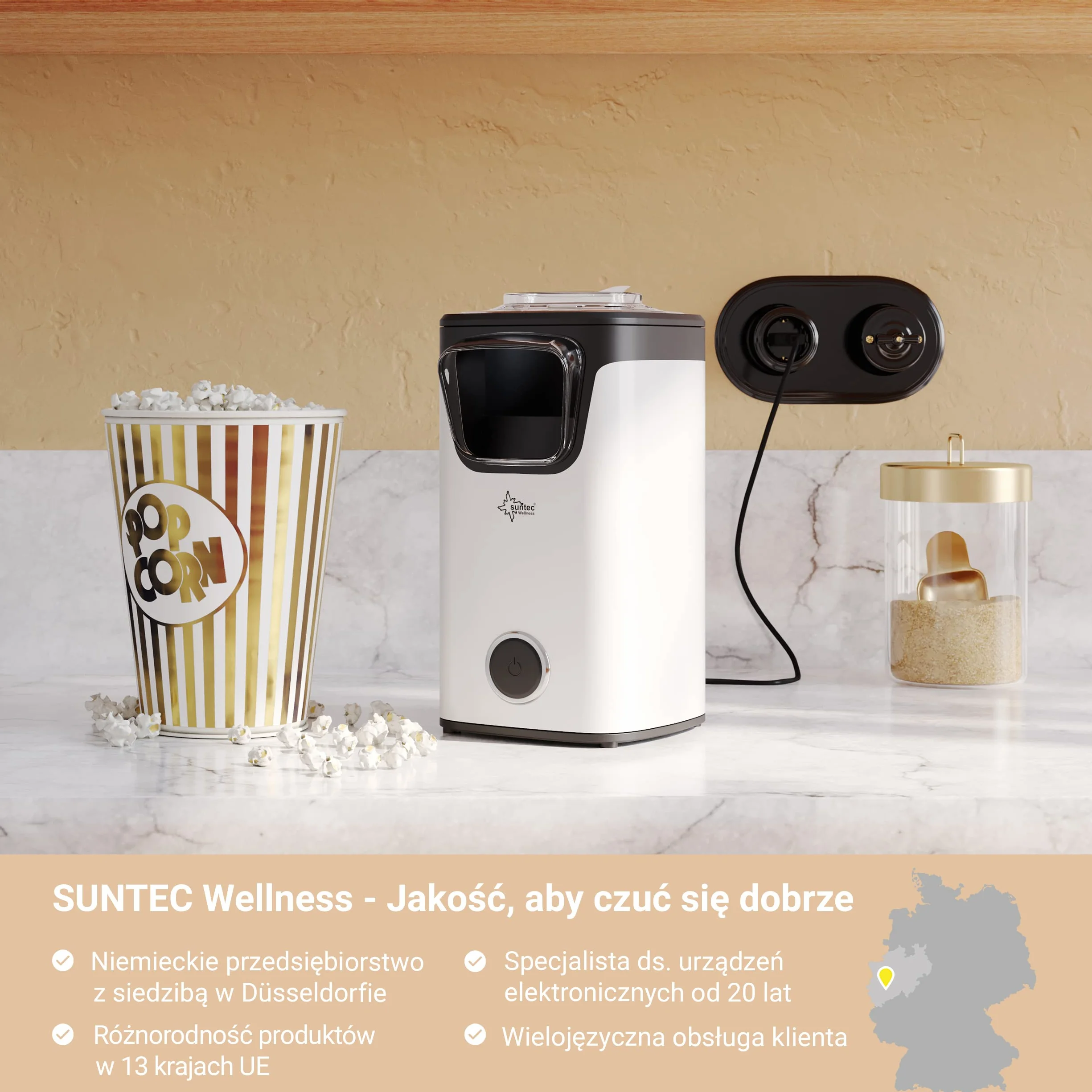Urządz. do popcornu SUNTEC – Popcorn bez tłuszczu i oleju – Mini maszyna na gorące powietrze dla domu – Dodatki: cukier + sól + ser + karmel – słodki lub słony – urządz. do popc. POP-8618 bez tłuszczu