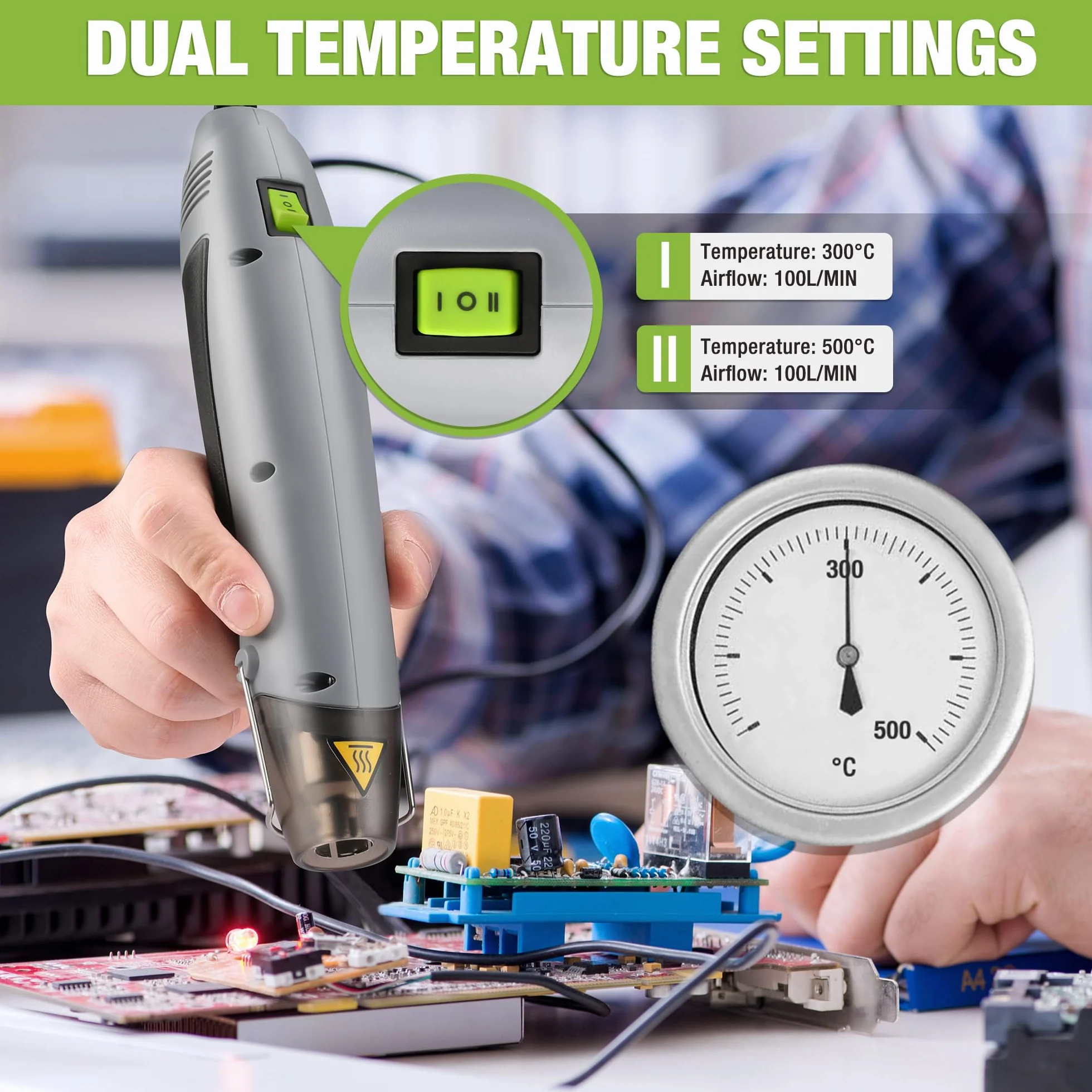 WORKPRO Mini opalarka 400 W Ręczny pistolet na ciepło z dyszą odblaskową, 2 ustawienia temperatury 300 ℃/500 ℃, idealny do wytłaczania, majsterkowania, zaciskania, pakowania i suszenia farby