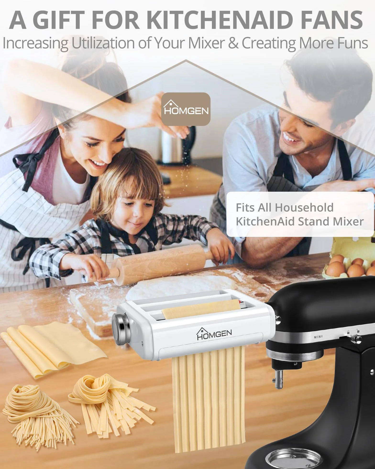 HOMGEN Nasadka do makaronu 3 w 1 do miksera KitchenAid, zestaw z wałkiem, krajalnicą do spaghetti i fettuccine, wytrzymałe nakładki ze stali nierdzewnej
