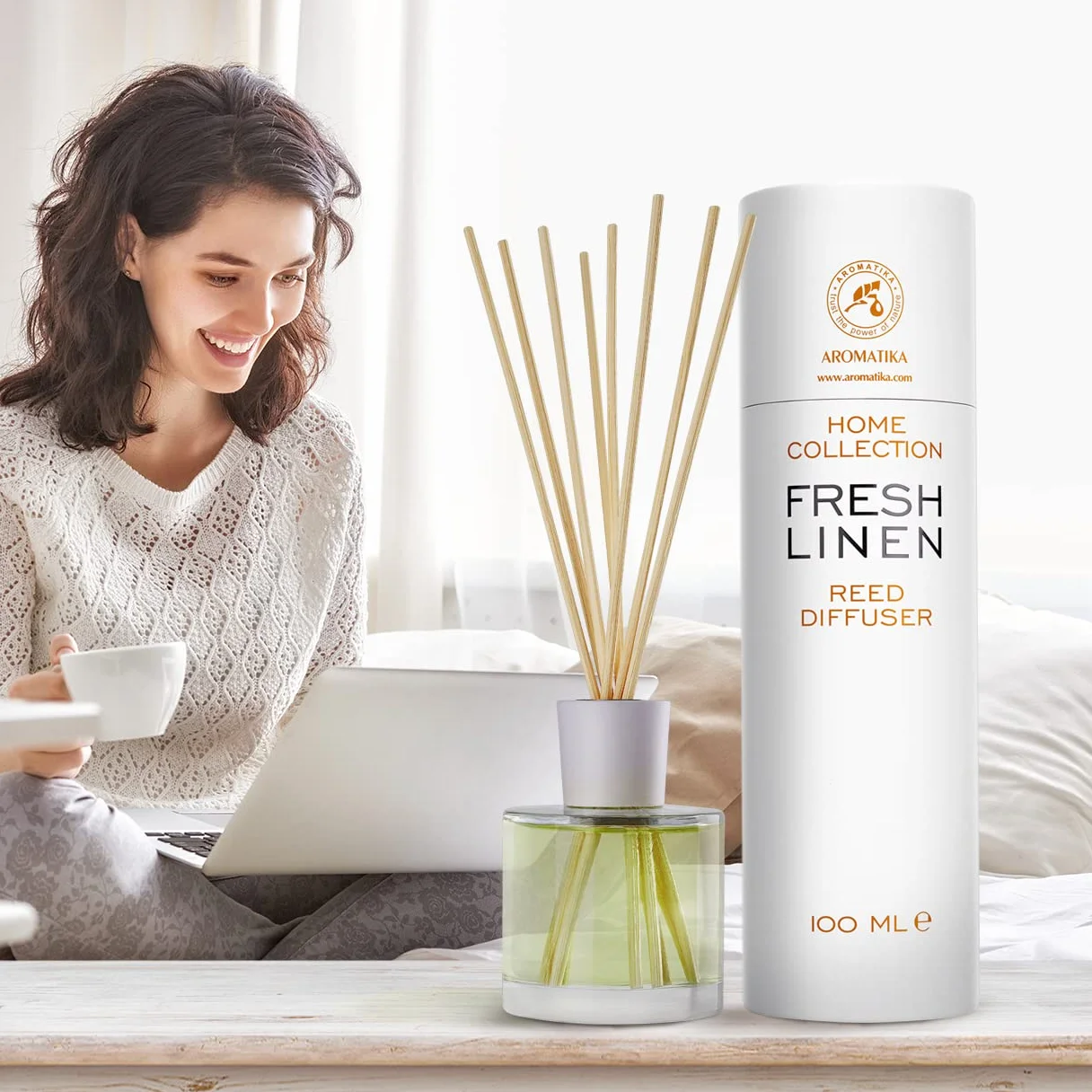 Fresh Linen Reed Diffuser - 100ml w/Rattan Sticks - Home Fragrance - Scented Diffusers for Aromatherapy - Perfect as a Gift - Enhancing any Room with a Refreshing, Soothing and Pleasant Scent