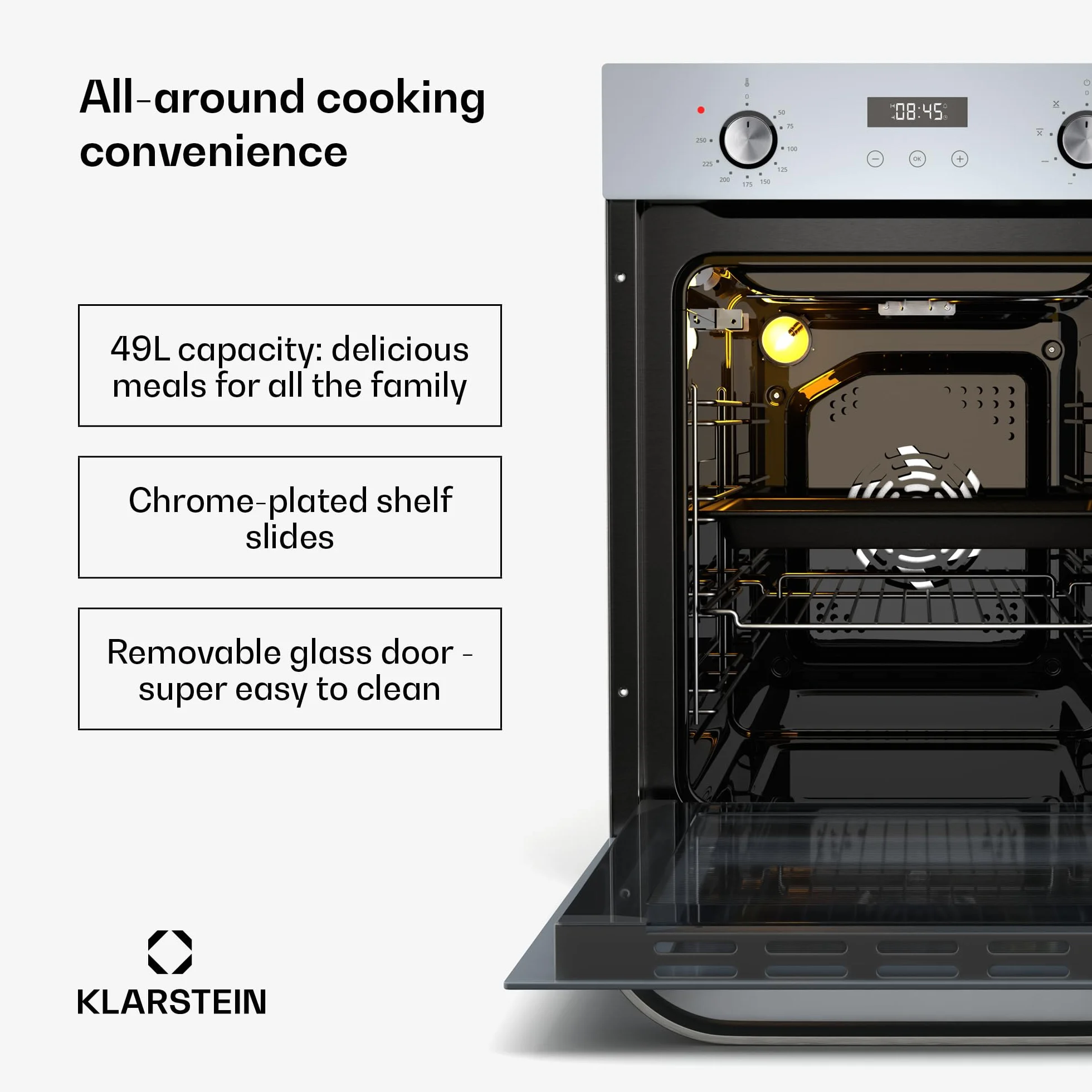 Klarstein SmartSlim piekarnik do zabudowy – 45 cm, 49 l, 9 funkcji, czyszczenie parowe, zdejmowane szklane drzwi, klasa energetyczna A, czarne szkło, cyfrowy timer, piekarnik