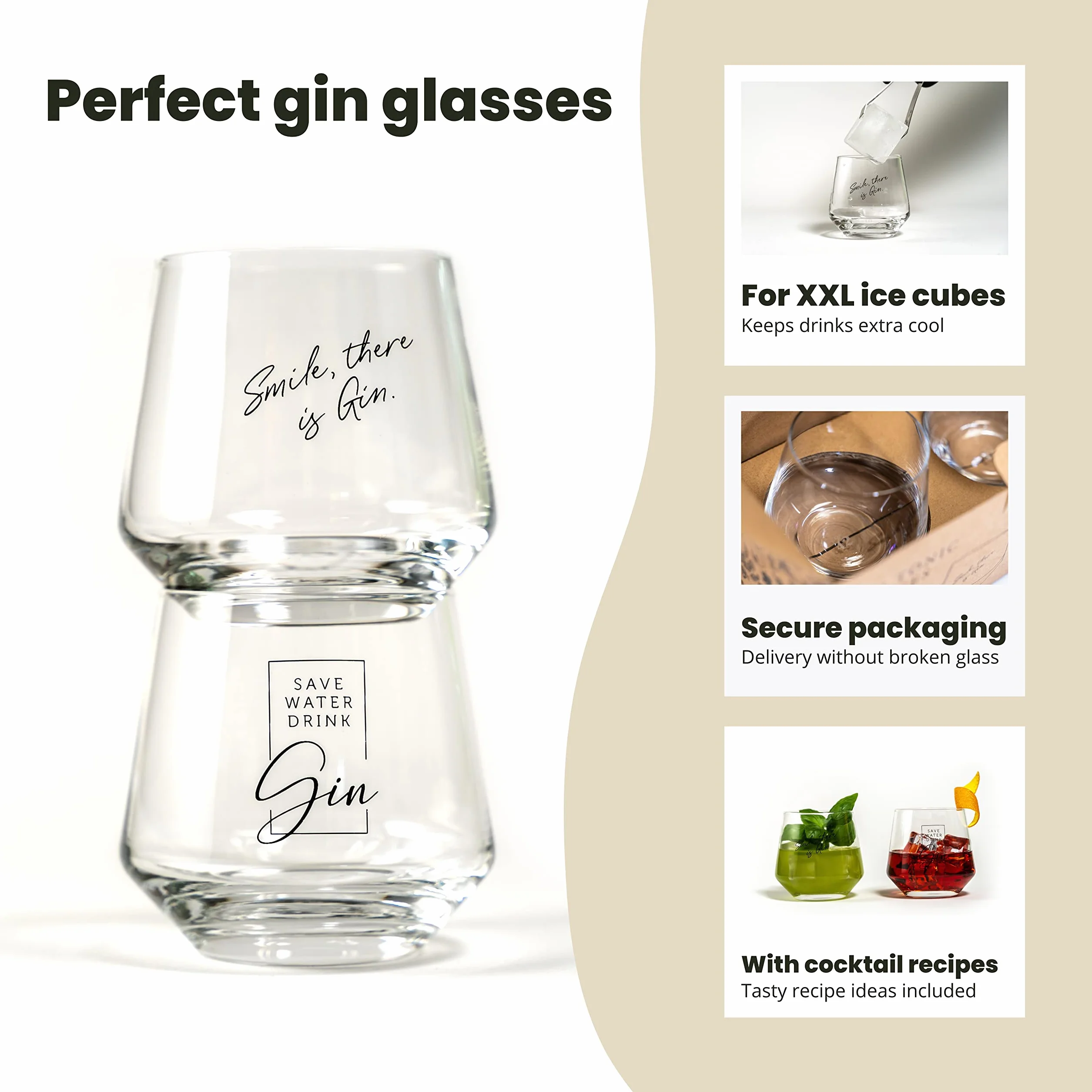 Kieliszki do Ginu - Zestaw 2 Szt. z Typowymi Sentencjami | 2 x 400 ml | Nadają Się do Dużych Kostek Lodu | Mycia w Zmywarce | Pomysł na Prezent