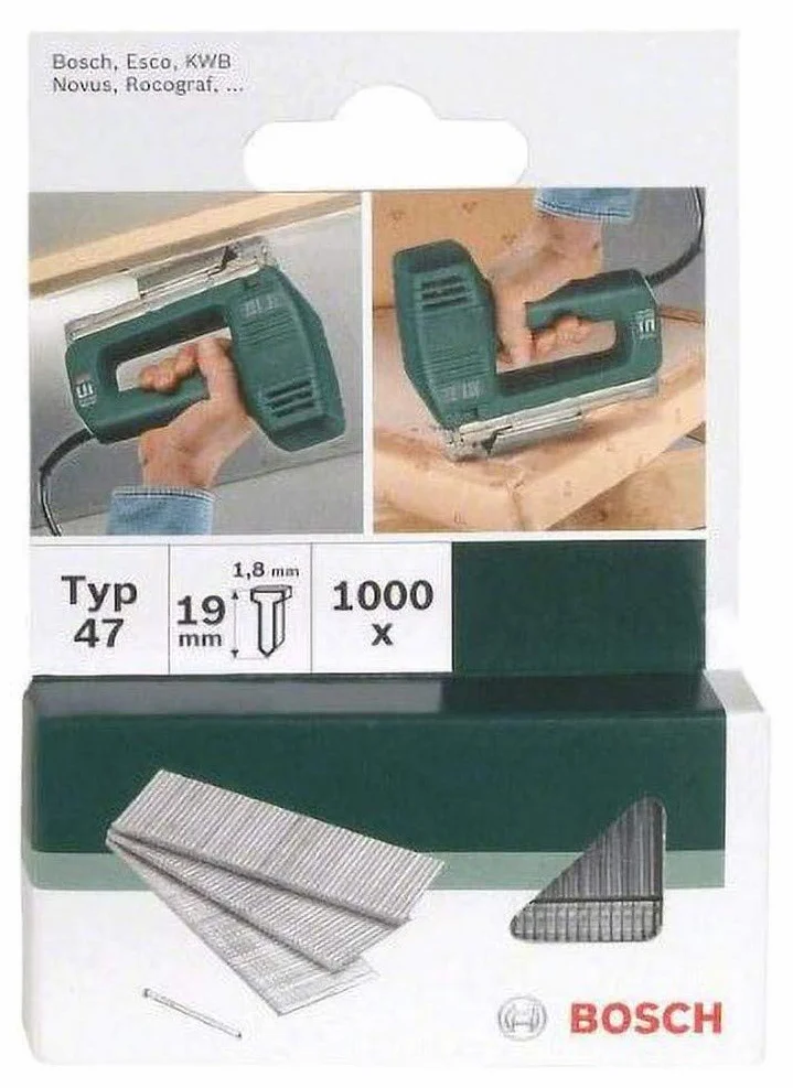 Bosch 1000 x gwoździe typ 47 (do twardego drewna/litego drewna, miękkiego drewna, płyt akustycznych, 1,8 x 1,27 x 19 mm, akcesoria zszywacz)
