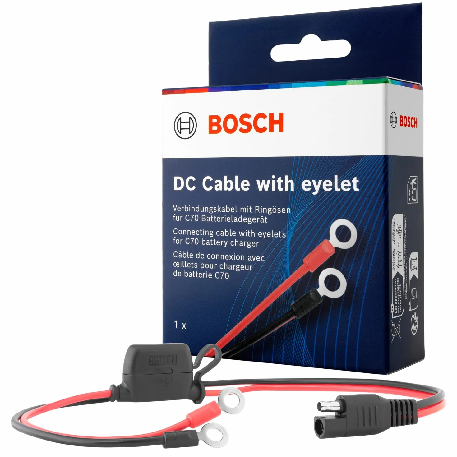 Bosch Kabel przyłączeniowy do ładowarek - Kabel akumulatora z oczkami i bezpiecznikiem 40 A - część zamienna oryginalnej jakości - oczka M6, kabel 52 cm - 0189999271