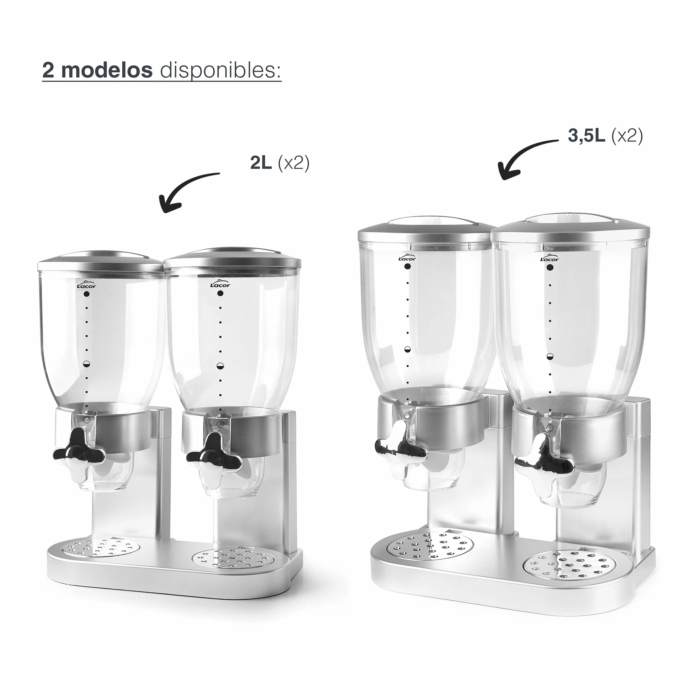 Lacor - 62597 - Dozownik zbóż, suszonych owoców, makaronu i cukierków, podwójny pojemnik, dwa pojemniki 3,5 l, system obrotowy, wolny od BPA, 33x20x42 cm, szary