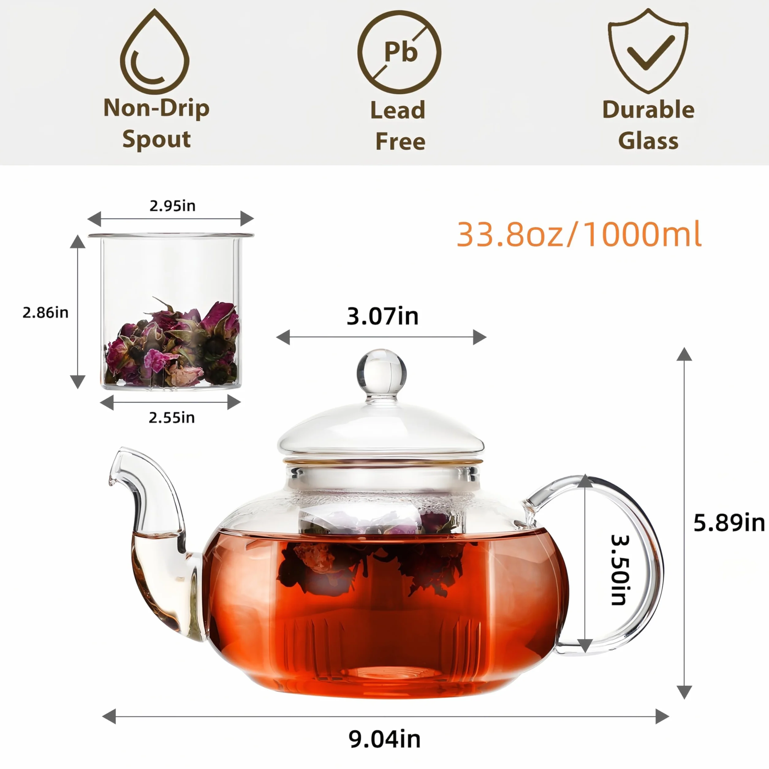 CnGlass Szklany czajnik do herbaty z przezroczystego szkła ze zdejmowanym zaparzaczem 1000ml